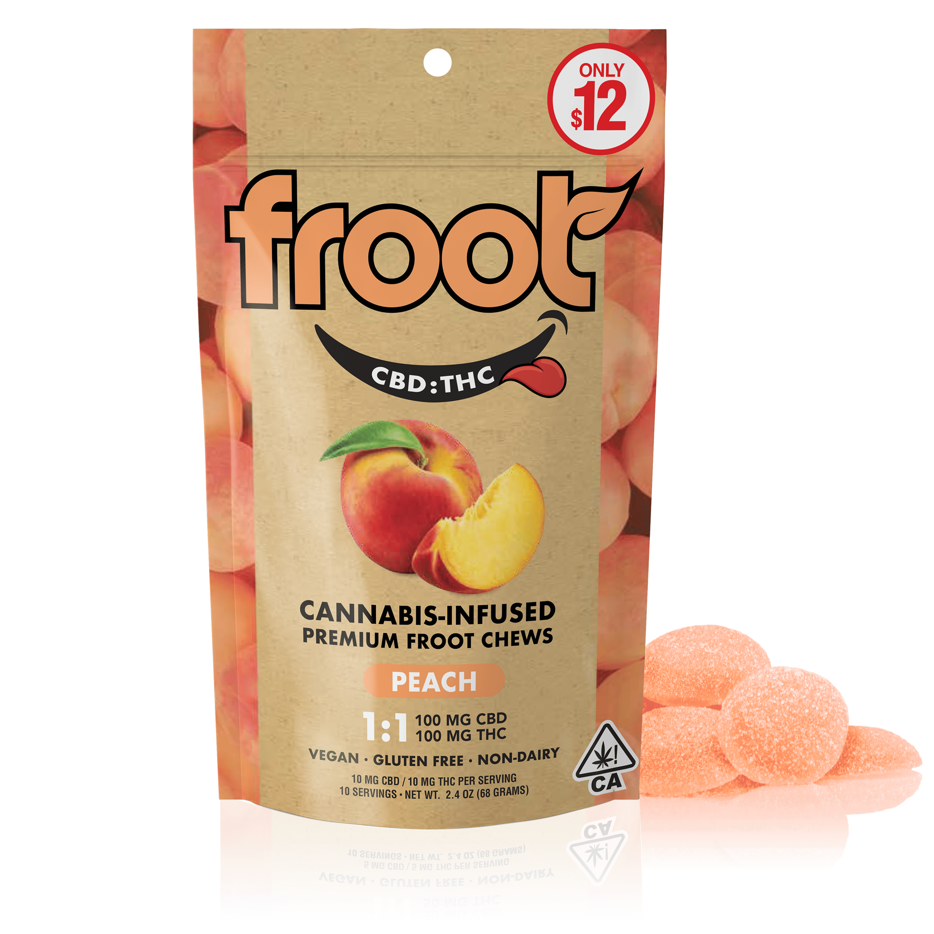 Peach 1:1 CBD:THC Gummies - 100mg CBD: 100mg THC - FROOT - - $12 - Edibles