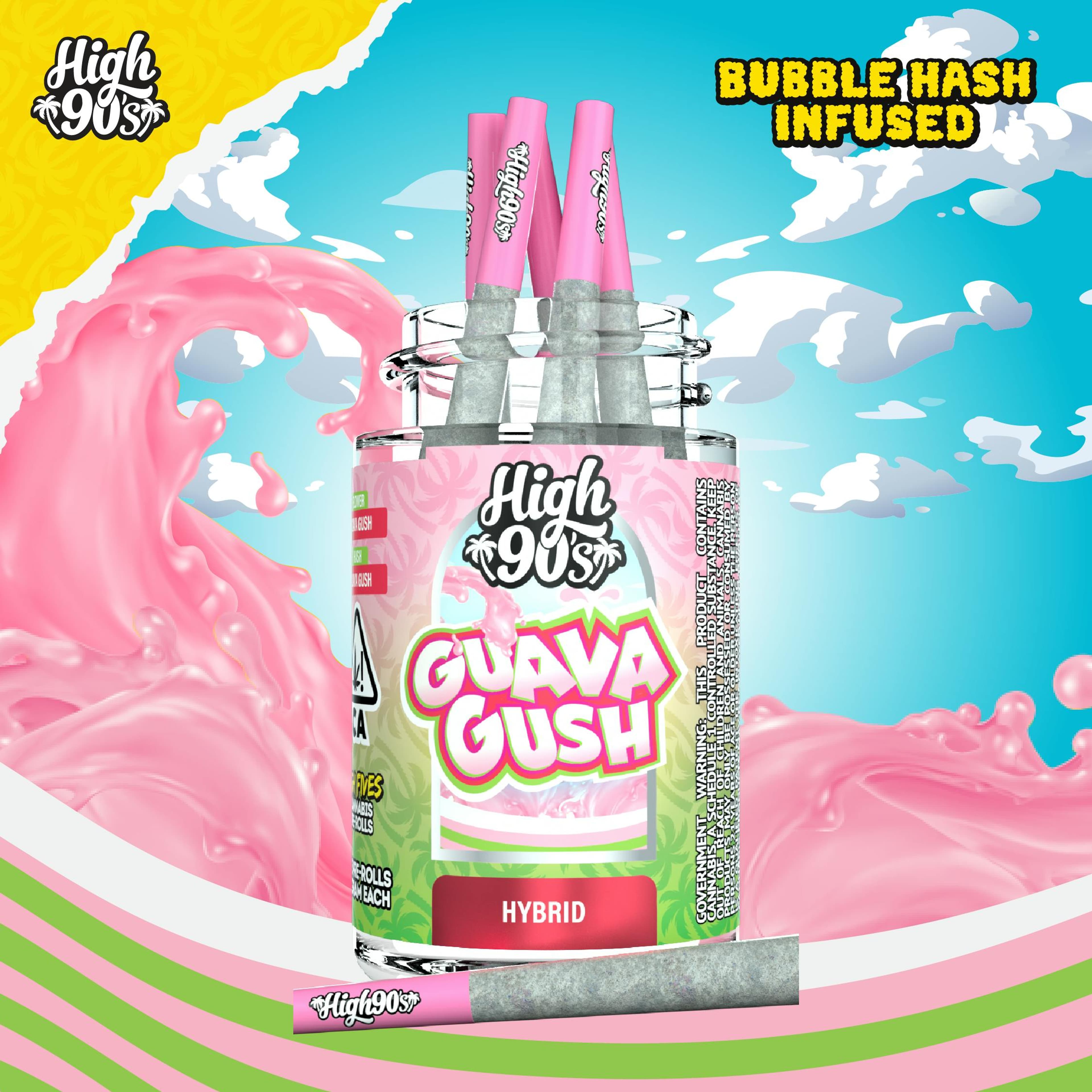 Guava Gush - 0.5g High Fives Bubble Hash Infused Pre-Rolls 5 Pack - HIGH 90s - Guava Gush - 0.5g High Fives Bubble Hash Infused Pre-Rolls 5 Pack - $35 - Pre-Rolls
