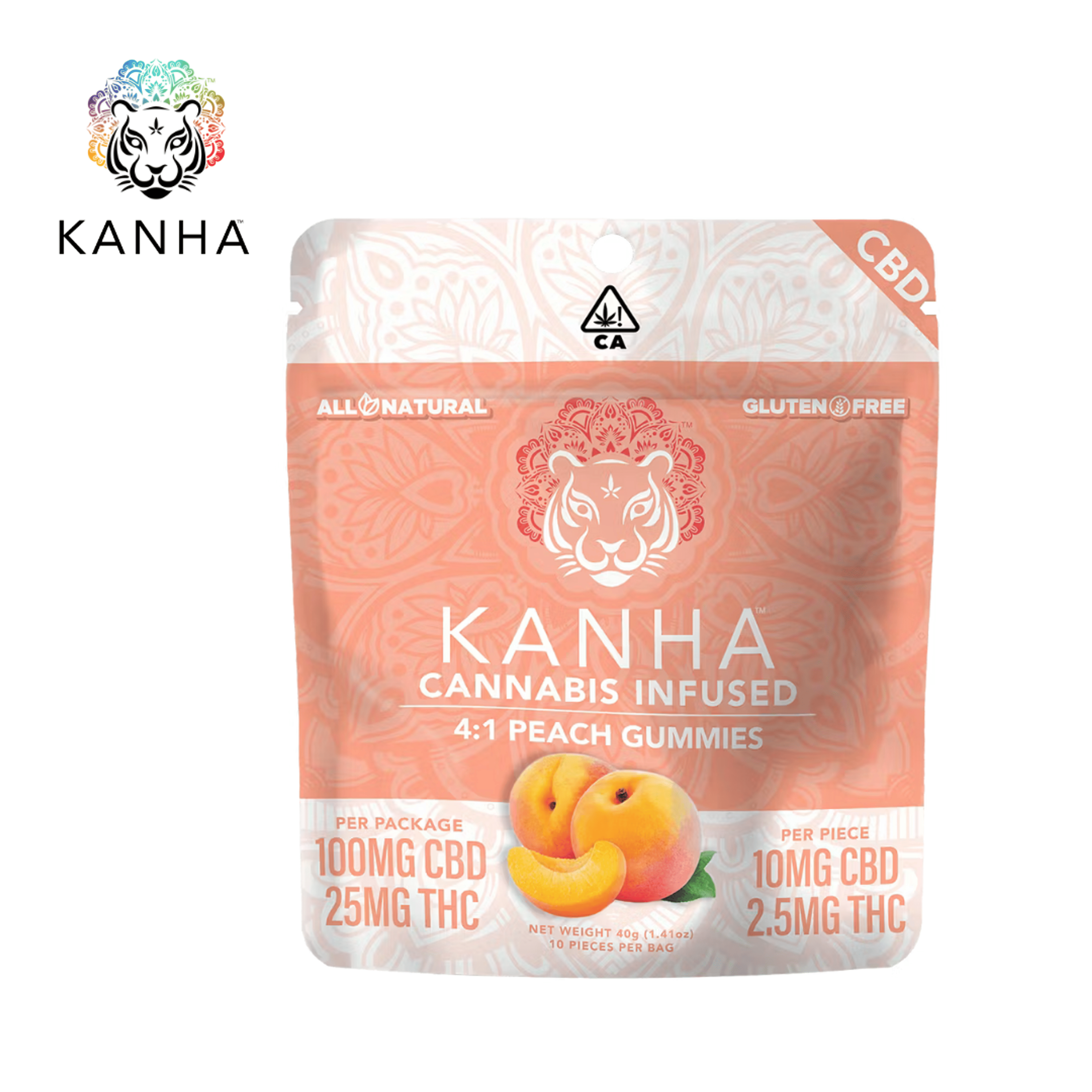 Kanha - Peach - 4:1 Ratio Gummies - 100mg CBD + 25mg THC - KANHA - - $15.99 - Edibles