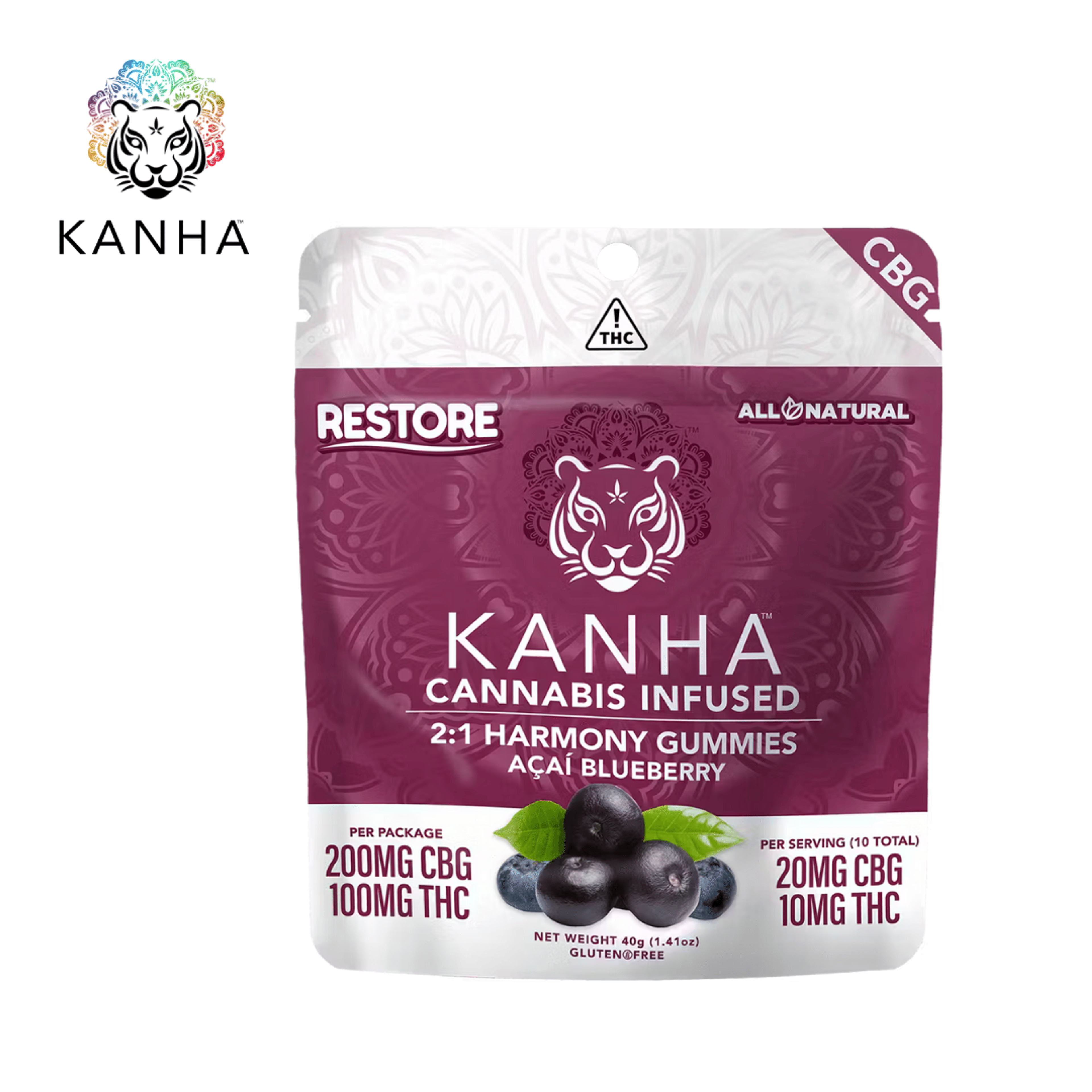 Kanha - Acai Blueberry 'Harmony' - 2:1 Ratio Gummies - 200mg CBG + 100mg THC - KANHA - Acai Blueberry - $15.99 - Edibles