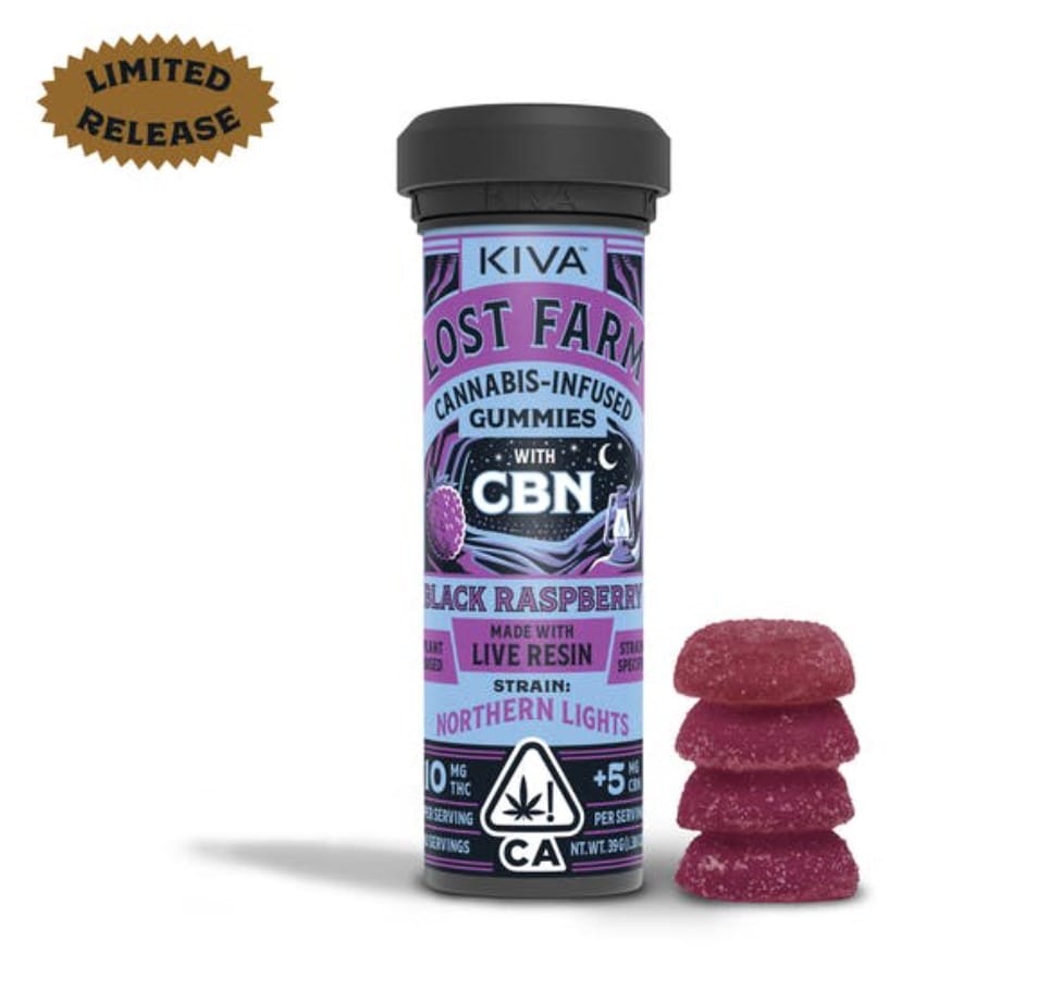 $30.54 - CBN Black Raspberry x Northern Lights Rosin Lost Farm Gummies 100mg - Kiva -  - $22 - Edibles