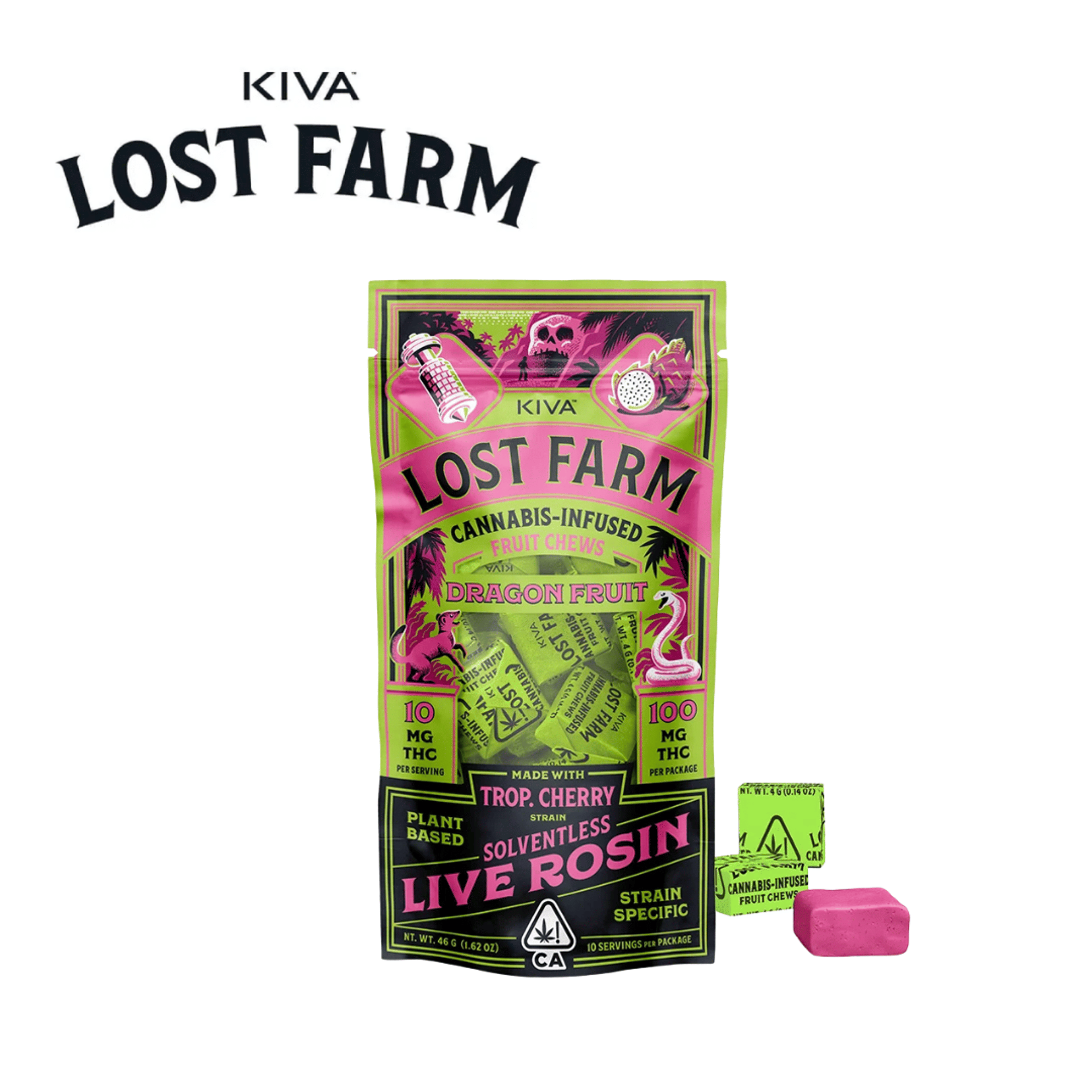 Lost Farm Chews - Dragon Fruit - Trop. Cherry Live Rosin - 100mg - Kiva - - $19.99 - Edibles