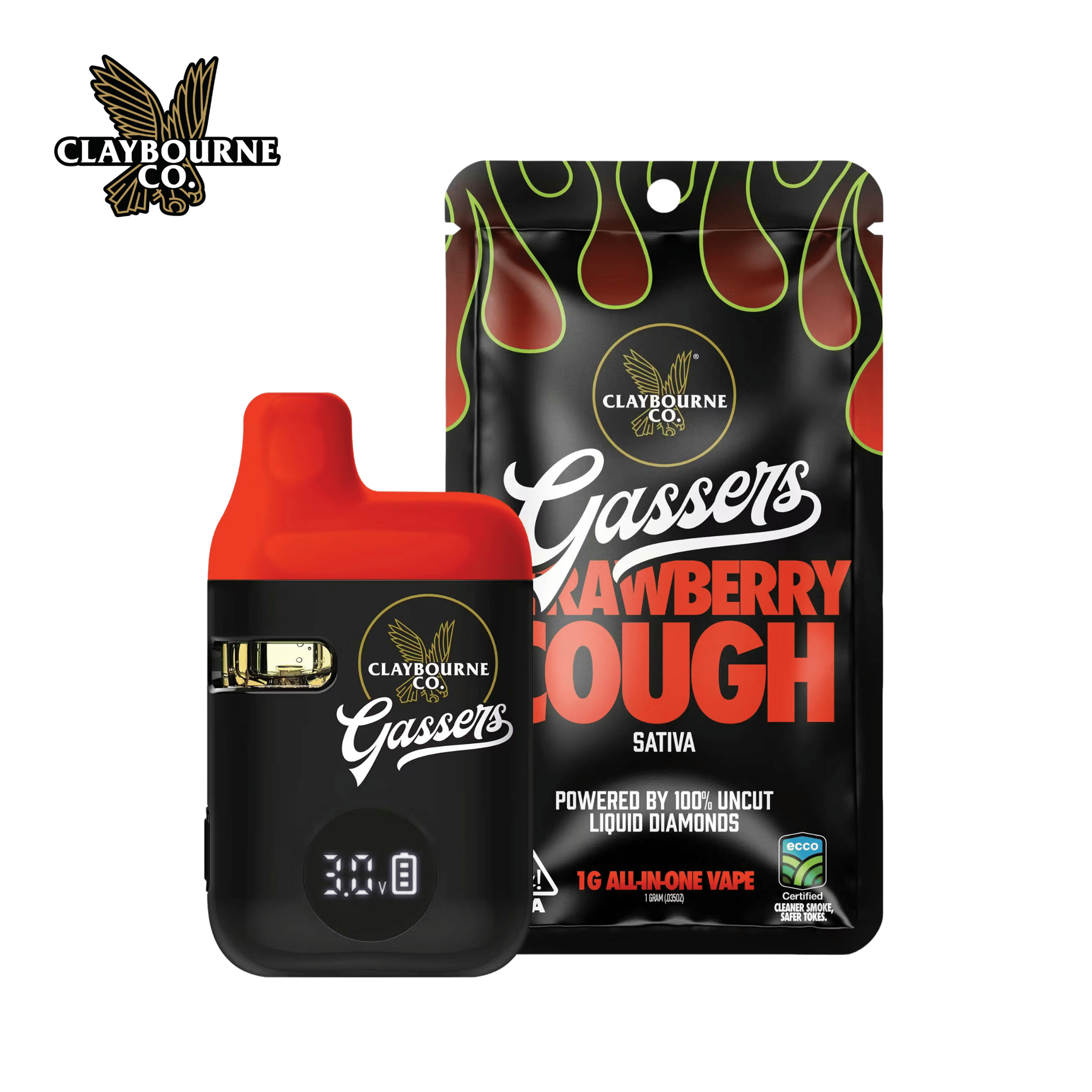 Claybourne Co - Strawberry Cough - Gassers All-In-One Liquid Diamonds Vape - 1g - Claybourne Co. - Strawberry Cough - $29.99 - Disposable Vapes