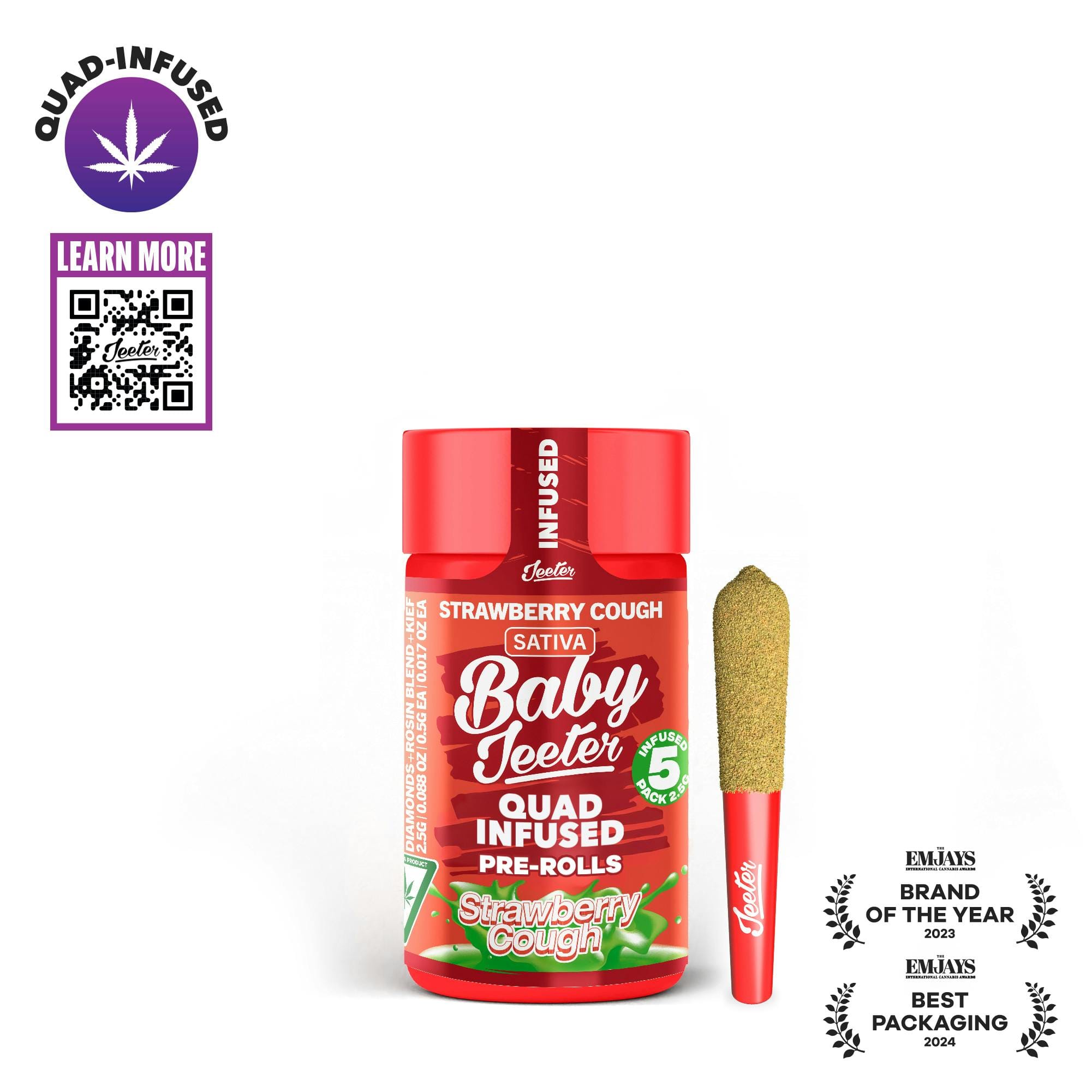 Quad Infused: Strawberry Cough (S) Baby Jeeter 5-Pack Pre-Rolls - 2.5g - Jeeter -  - $38 - Infused Pre-Rolls