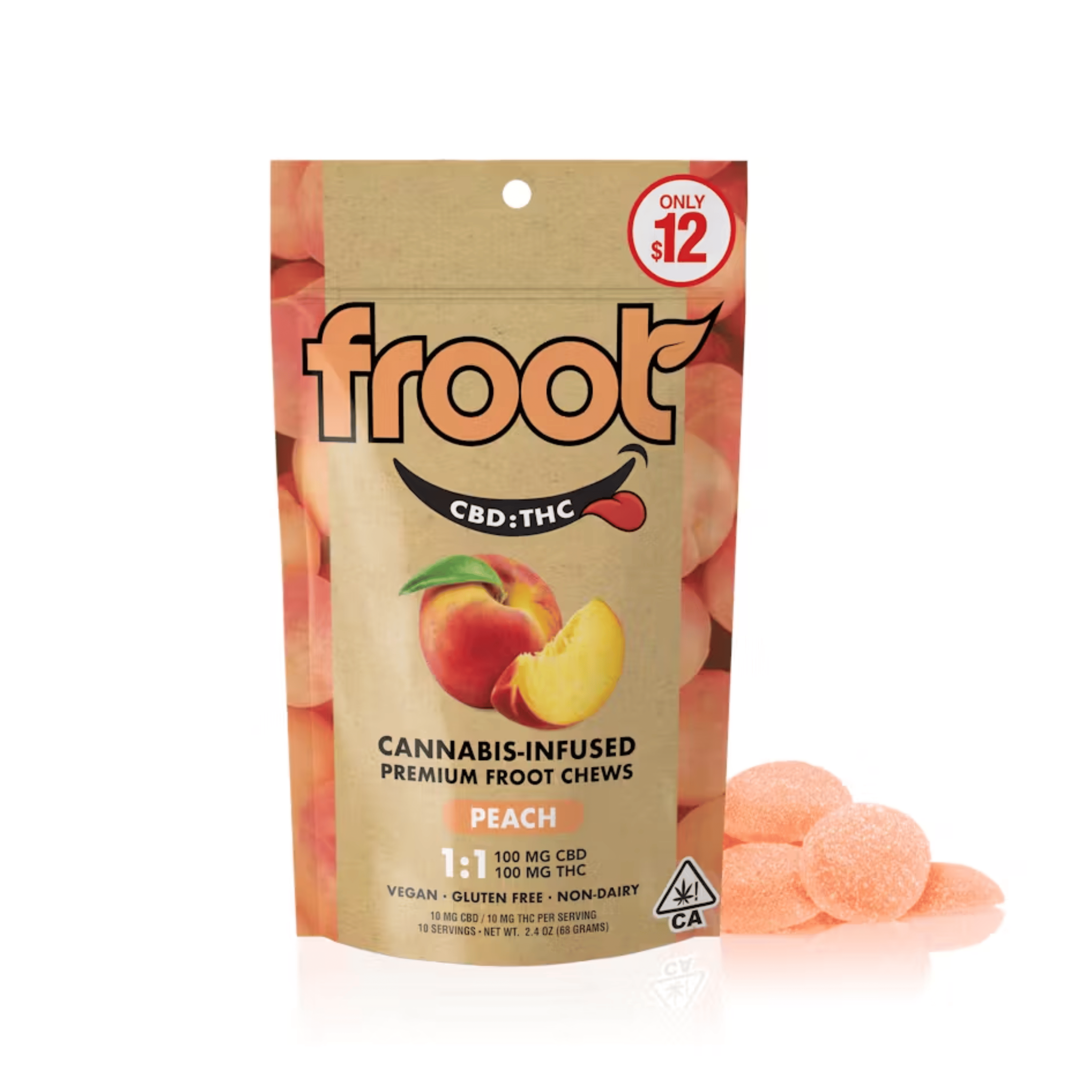 Peach 1:1 CBD:THC Gummies - 100mg CBD: 100mg THC - Froot - - $12 - Edibles