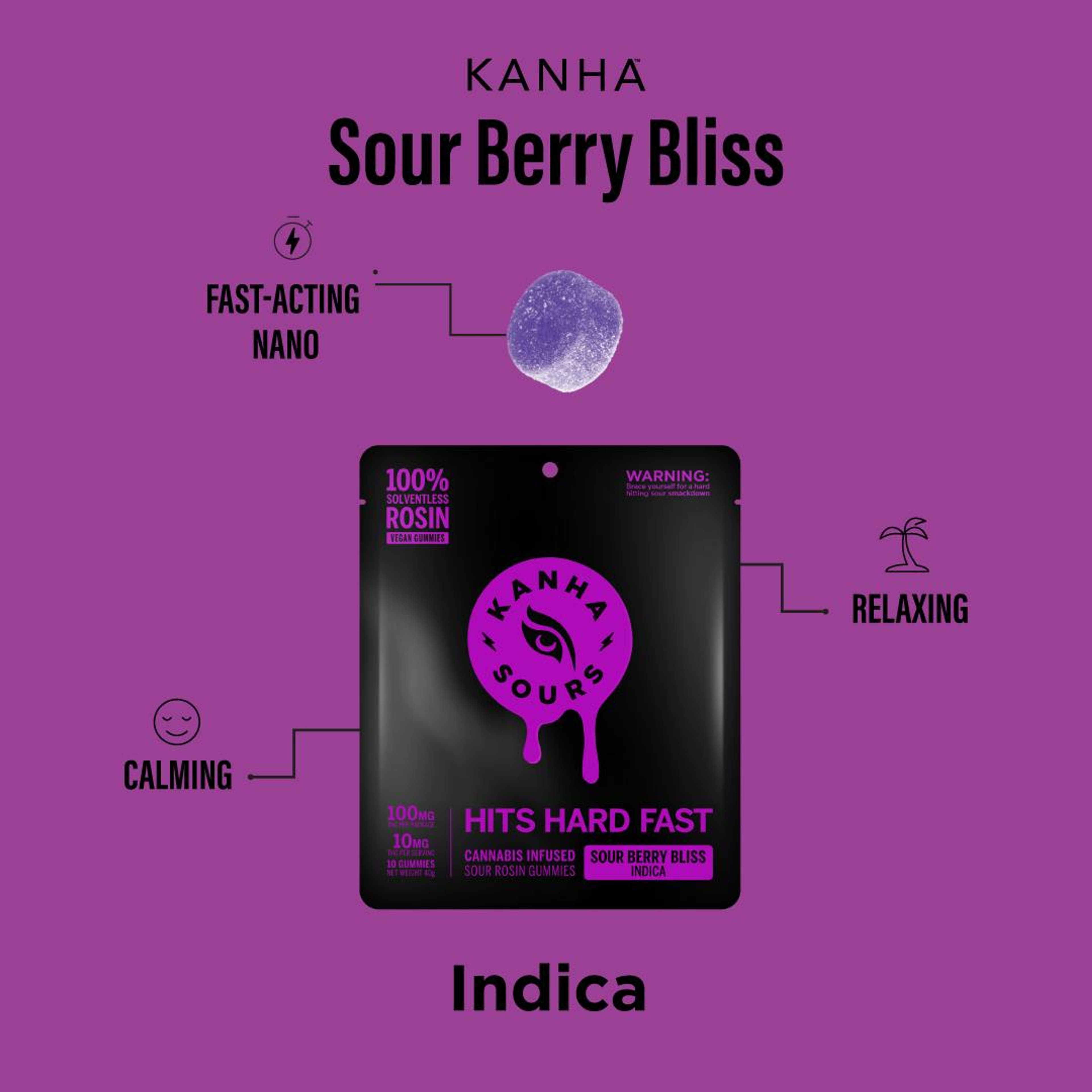 KANHA: Sour Berry Bliss Solventless Rosin NANO Vegan Gummies (Indica) - 100mg - Kanha Gummies - - $25 - Edibles
