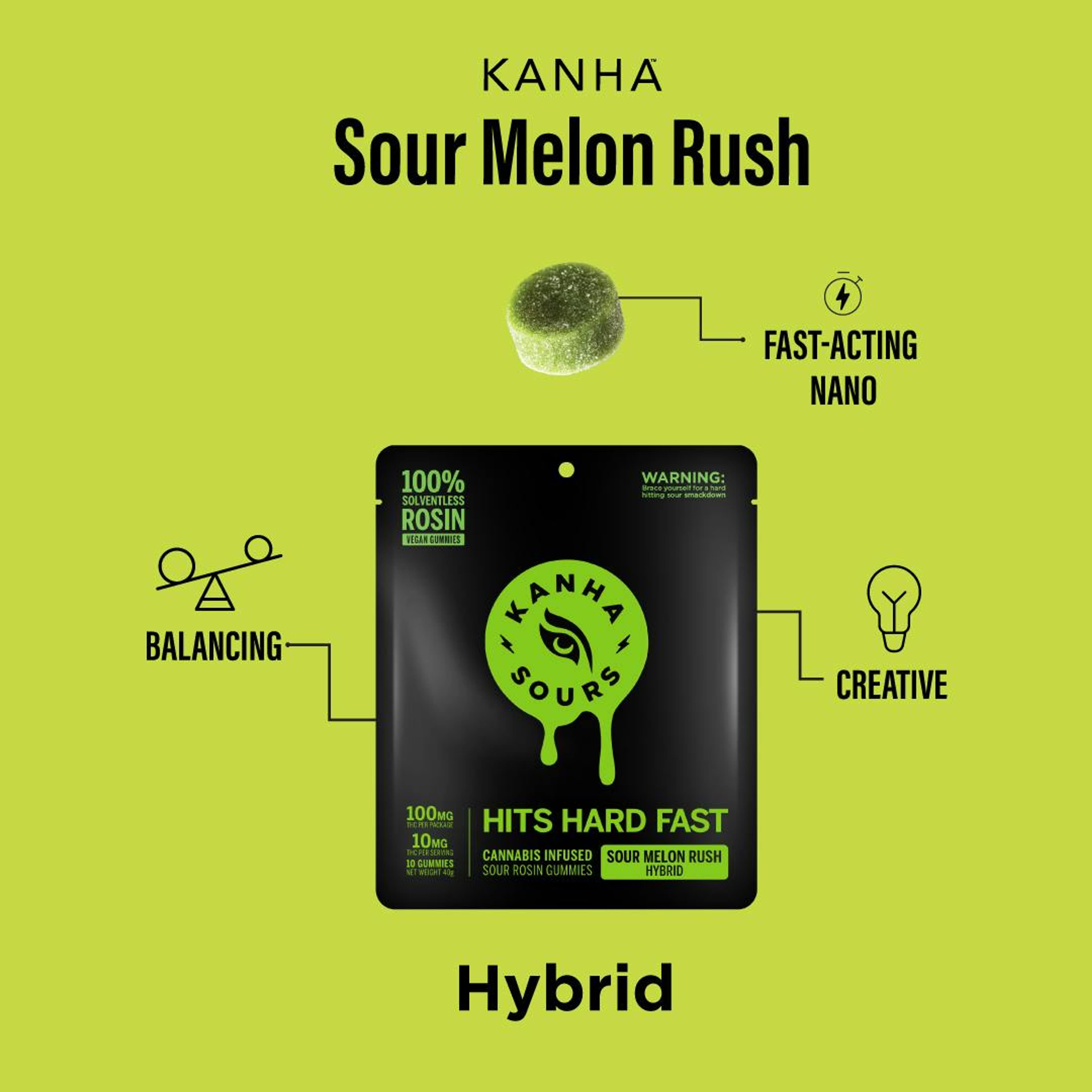 Sour Melon Rush | Rosin Sours | Hybrid | 100mg THC | 10-pack - Kanha - - $20.19 - Edibles