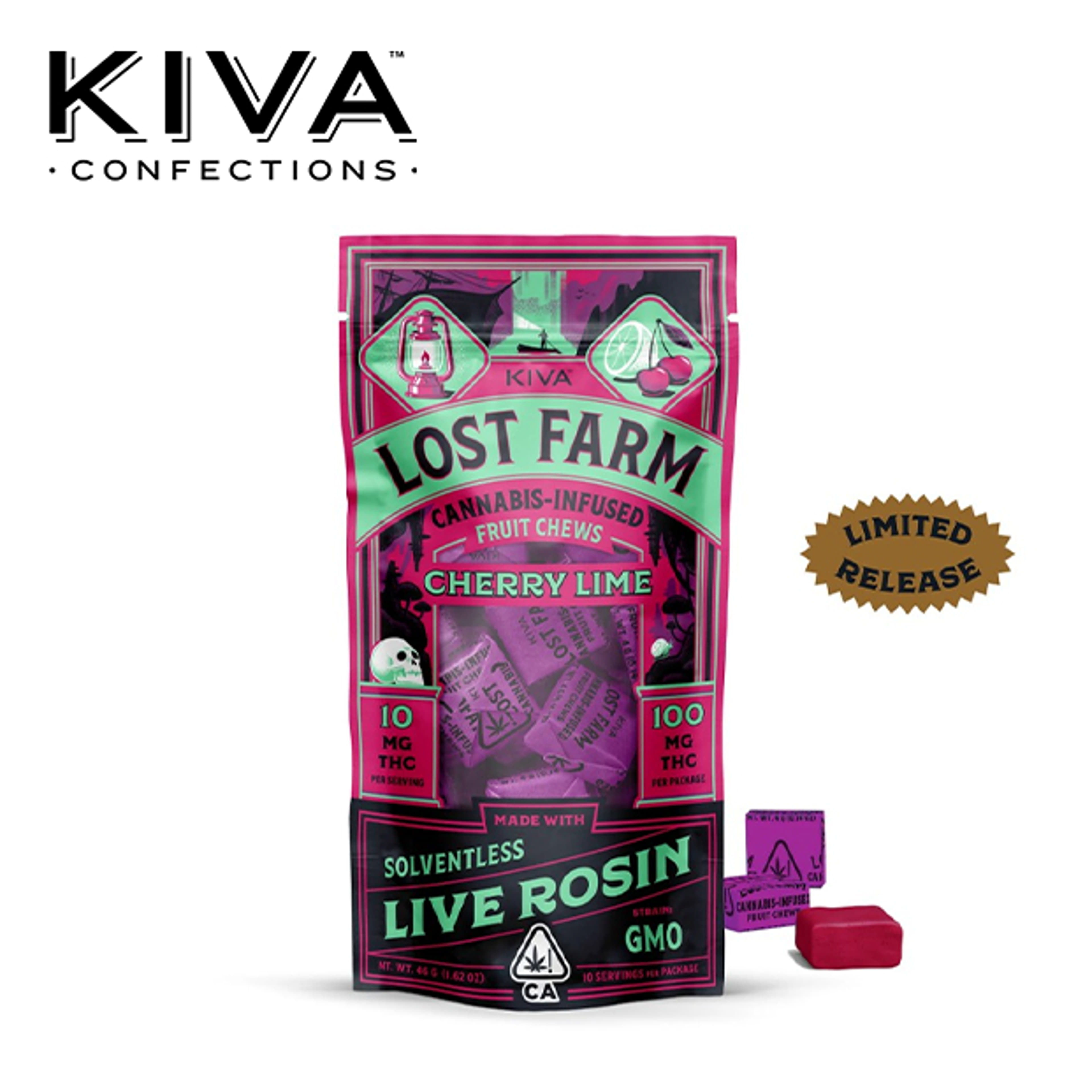 Lost Farm - Cherry Lime Fruit Chews - Infused w/ GMO Live Rosin - 100mg - Kiva - - $19.99 - Edibles