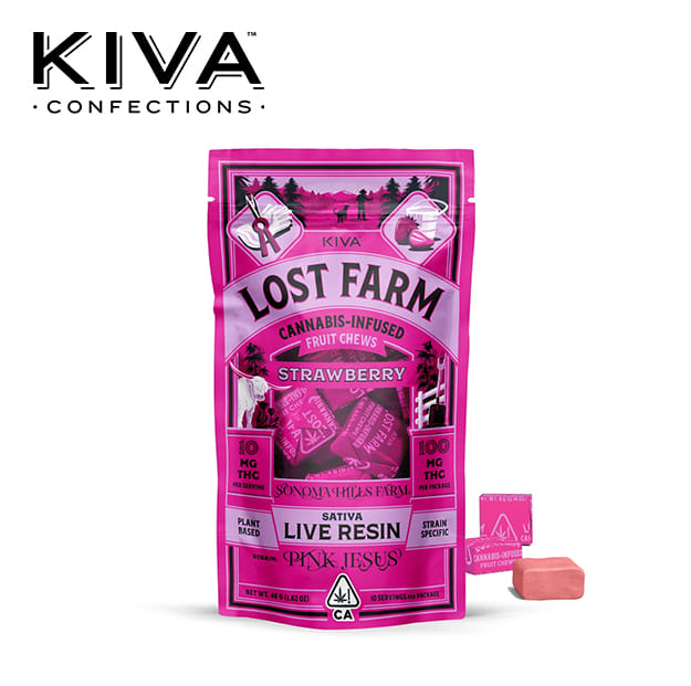 Lost Farm - Strawberry Fruit Chews - Infused w/ Pink Jesus Live Resin - 100mg - Kiva -  - $19.99 - Edibles