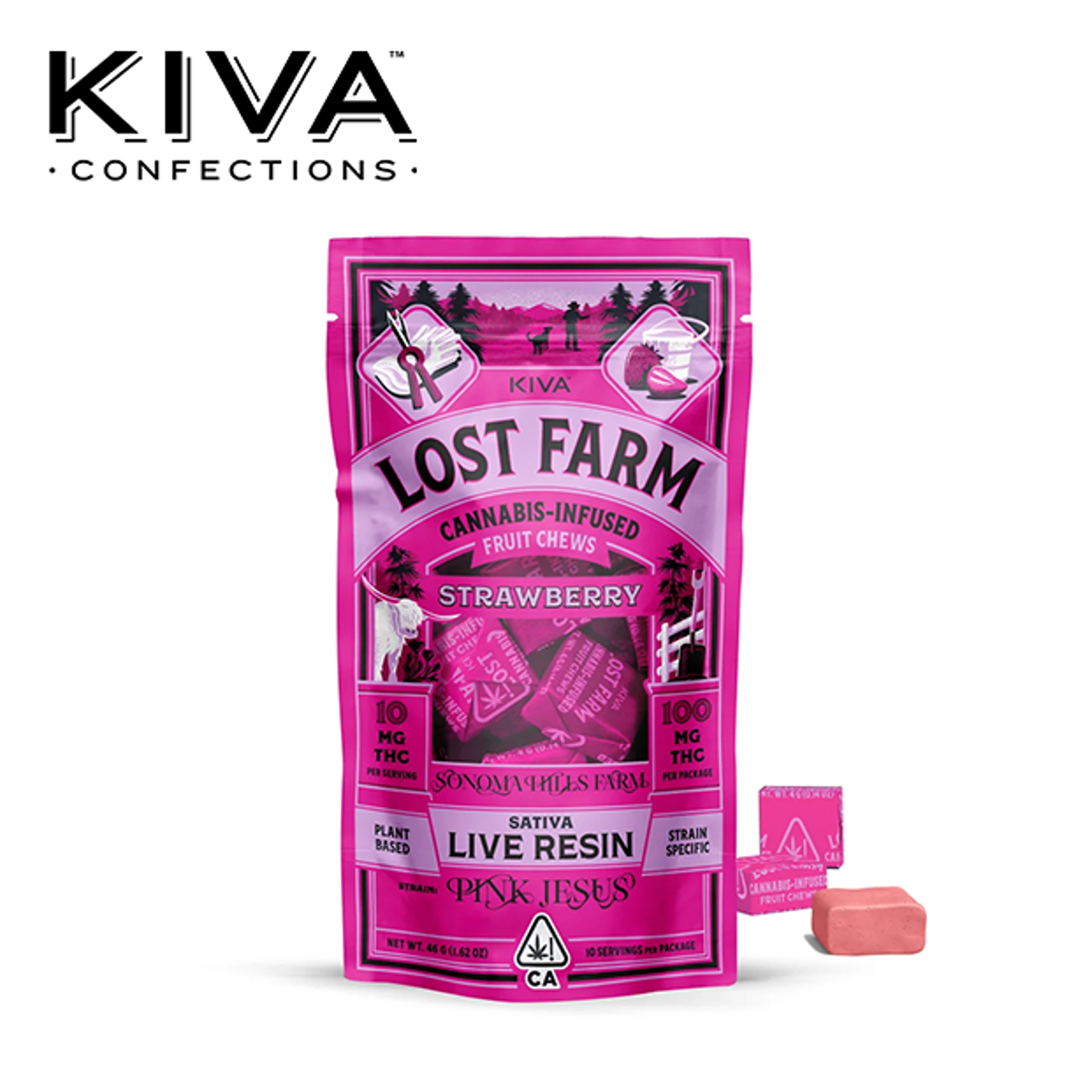 Lost Farm - Strawberry Fruit Chews - Infused w/ Pink Jesus Live Resin - 100mg - Kiva - - $19.99 - Edibles