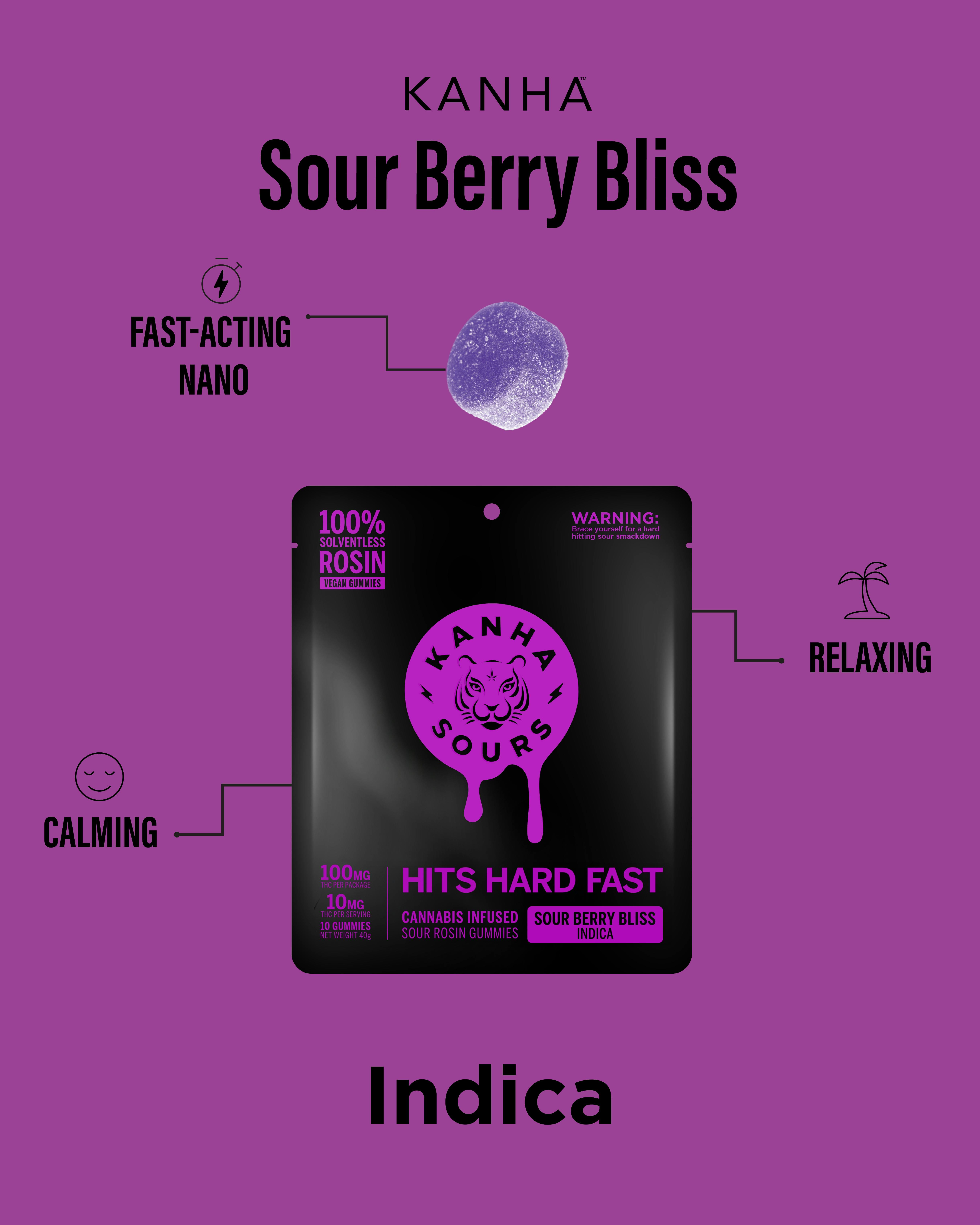 Sour Berry Bliss | Rosin Sours | Indica | 100mg THC | 10-pack - Kanha Gummies -  - $20 - Edibles
