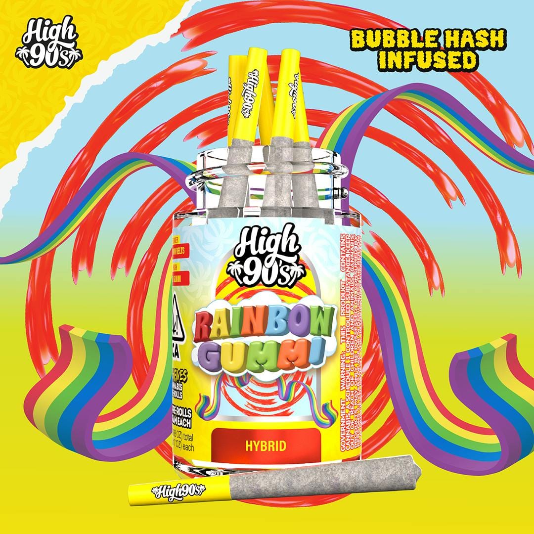 Rainbow Gummi - 0.5g High Fives Bubble Hash Infused Pre-Rolls 5 Pack - HIGH 90s - Rainbow Gummi - 0.5g High Fives Bubble Hash Infused Pre-Rolls 5 Pack - $35 - Infused Pre-Rolls