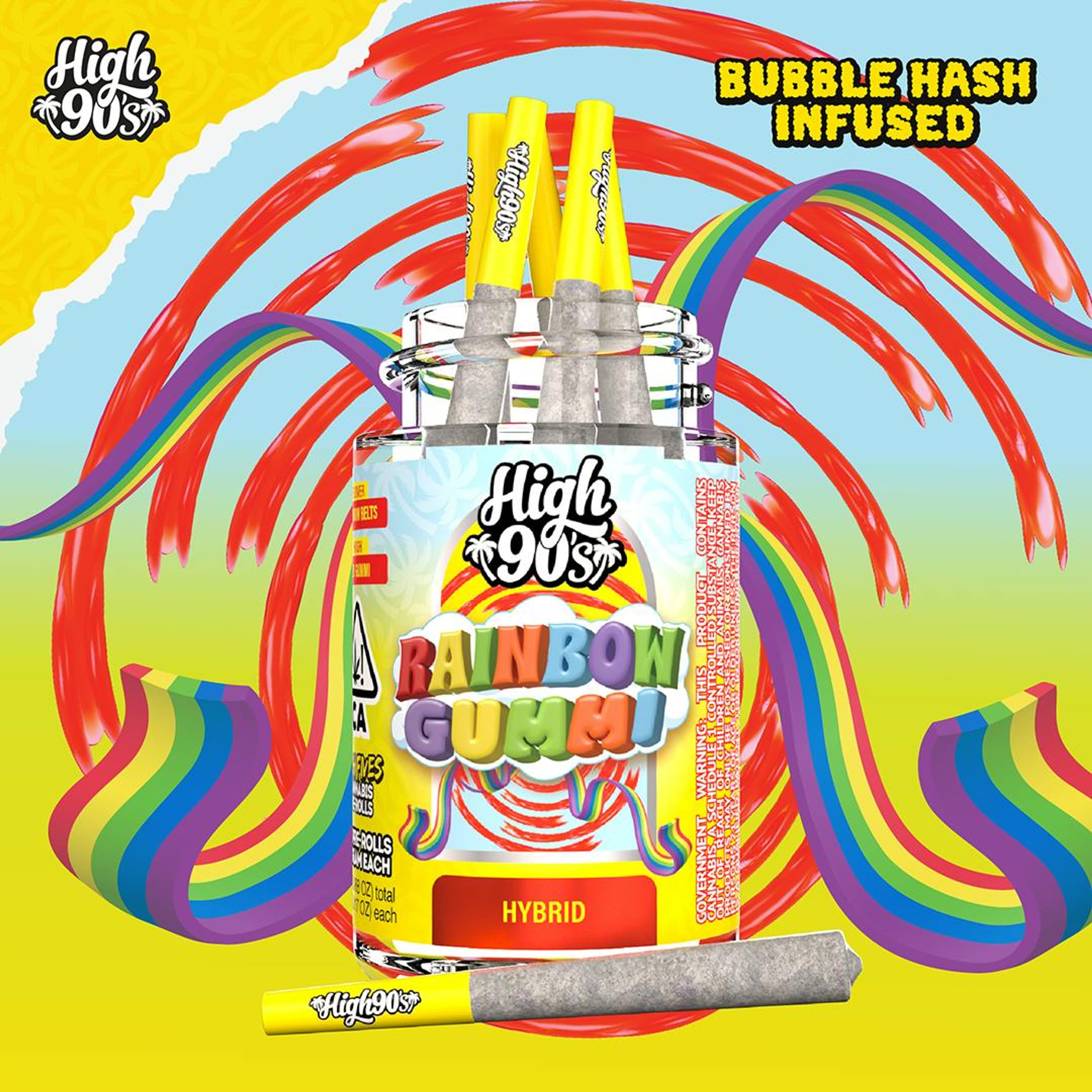 Rainbow Gummi - 0.5g High Fives Bubble Hash Infused Pre-Rolls 5 Pack - HIGH 90s - Rainbow Gummi - 0.5g High Fives Bubble Hash Infused Pre-Rolls 5 Pack - $35 - Infused Pre-Rolls