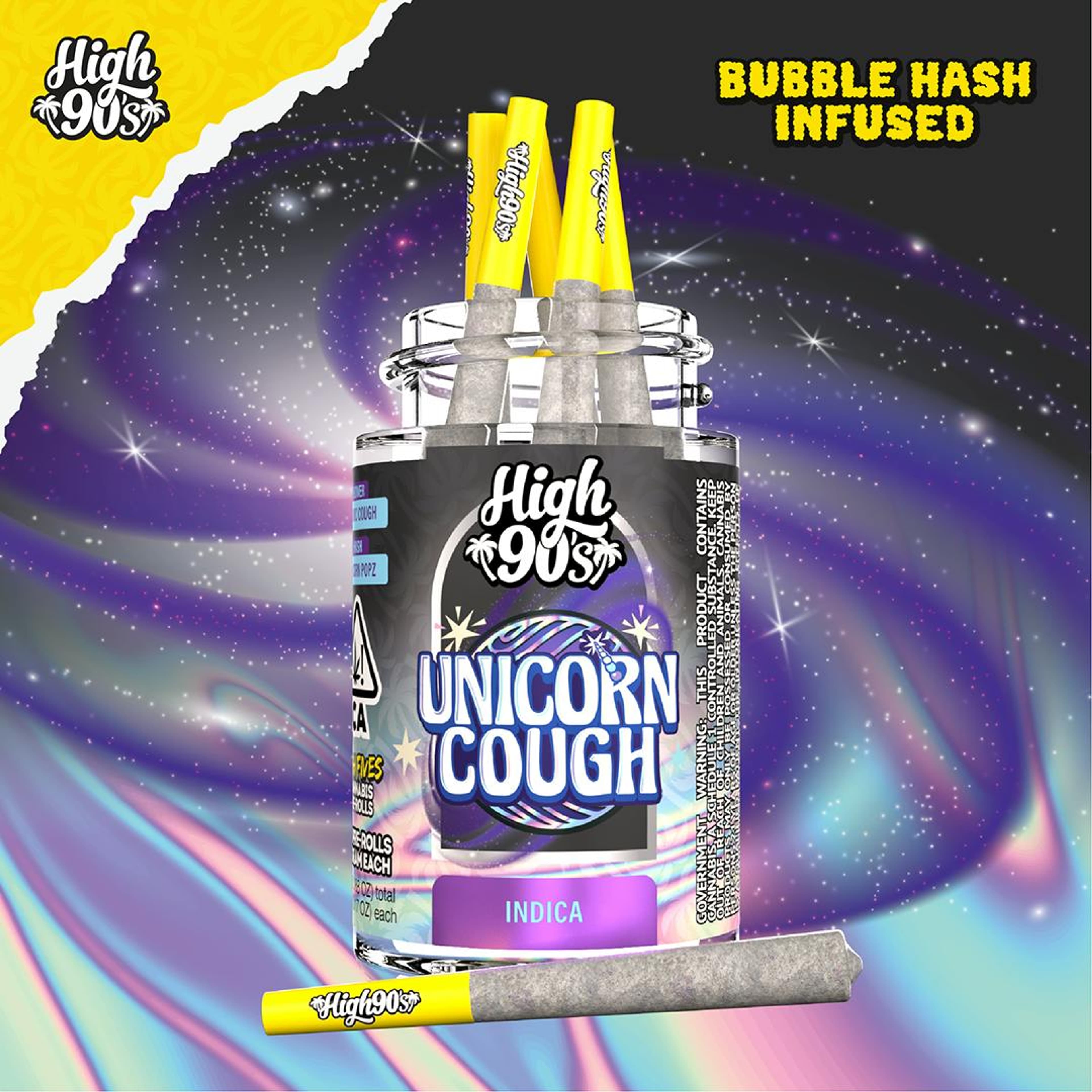 Unicorn Cough - 0.5g High Fives Bubble Hash Infused Pre-Rolls 5 Pack - HIGH 90s - Unicorn Cough - 0.5g High Fives Bubble Hash Infused Pre-Rolls 5 Pack - $35 - Infused Pre-Rolls