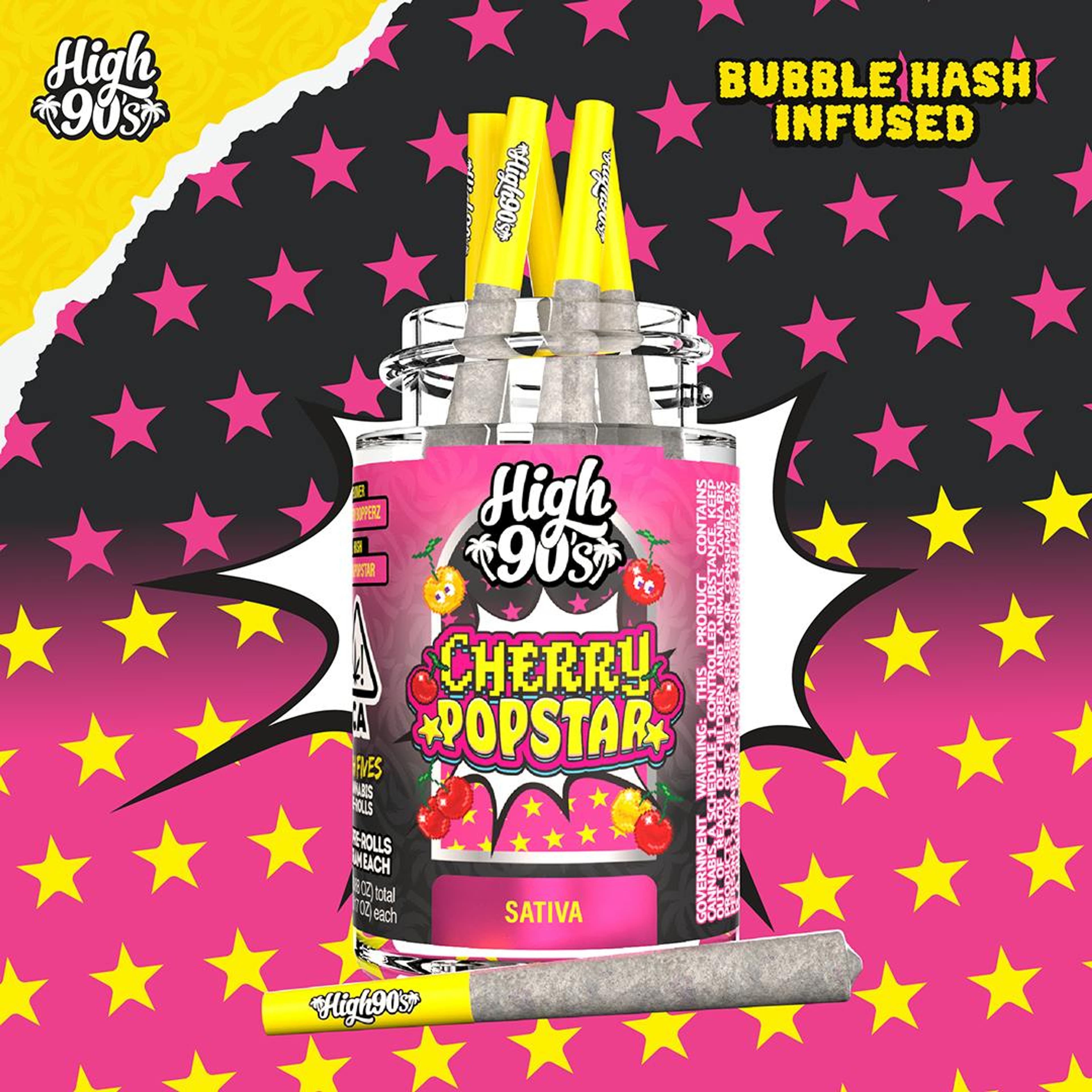 Cherry Popstar - 0.5g High Fives Bubble Hash Infused Pre-Rolls 5 Pack - HIGH 90s - Cherry Popstar - 0.5g High Fives Bubble Hash Infused Pre-Rolls 5 Pack - $35 - Pre-Rolls