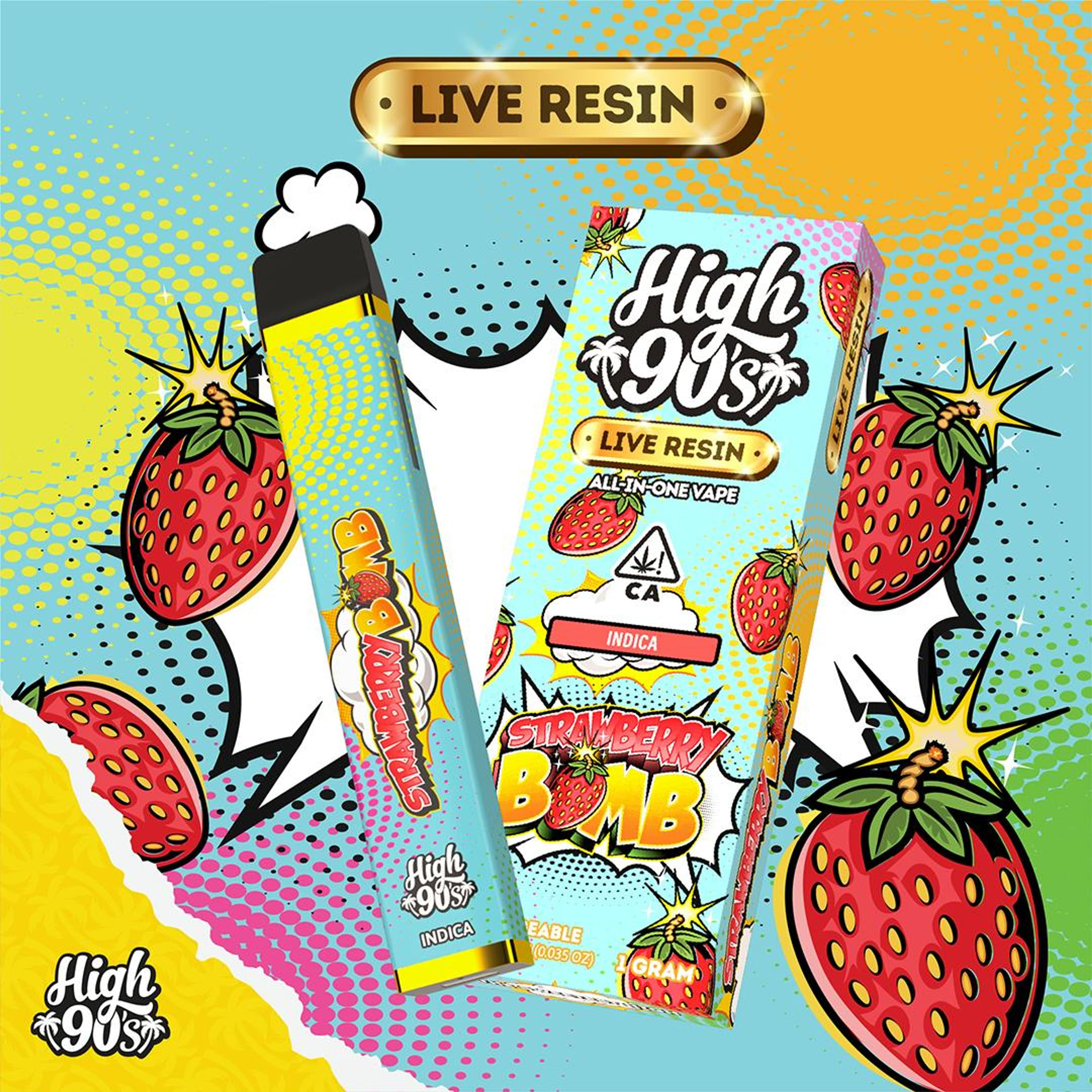 High 90s : Strawberry Bomb Live Resin 1g All-In-One Vape - HIGH 90s - High 90s : Strawberry Bomb Live Resin 1g All-In-One Vape - $40 - Vape Pens