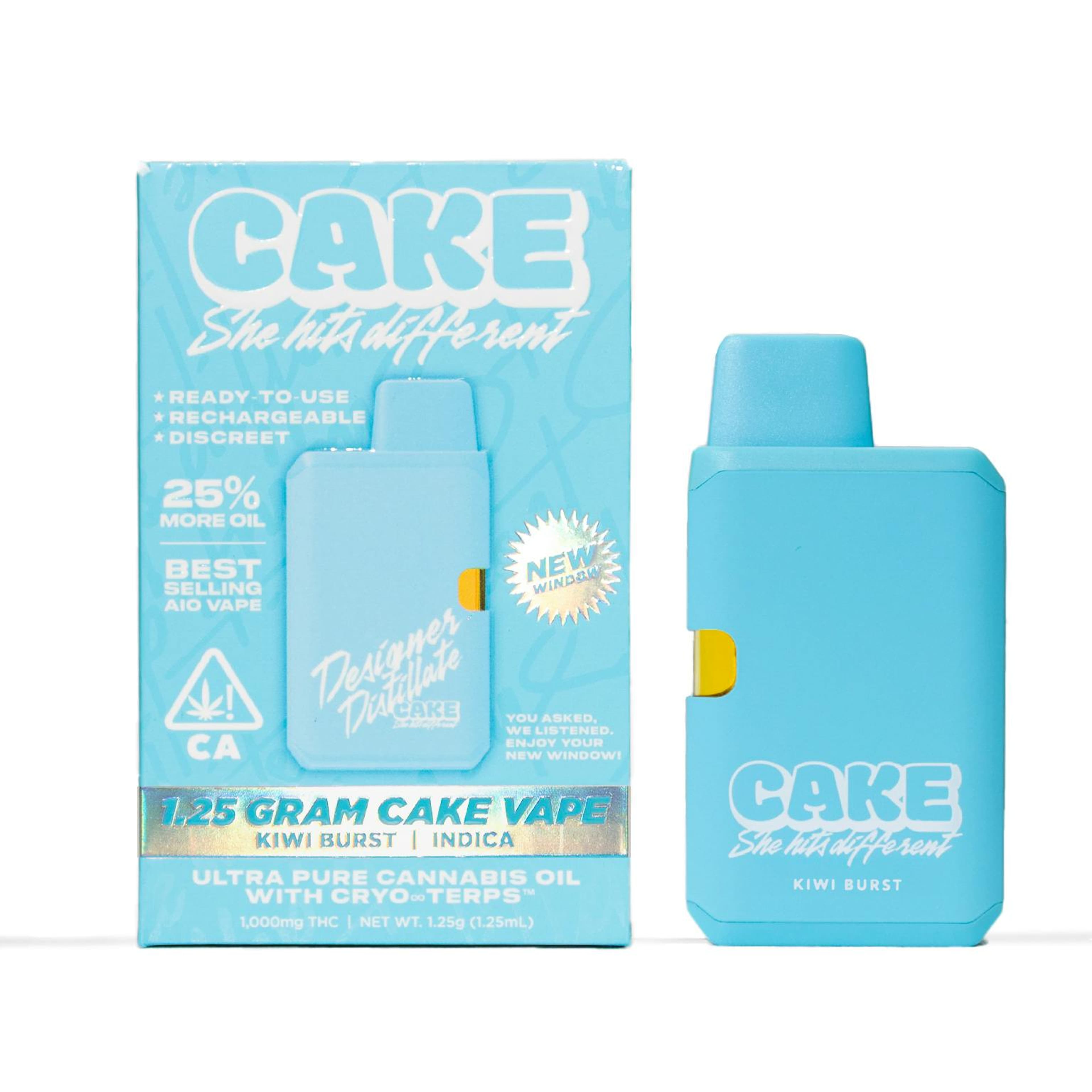 Kiwi Burst - 1.25 Grams - Indica - Designer Distillate - CAKE she hits different - - $30 - Vape Pens