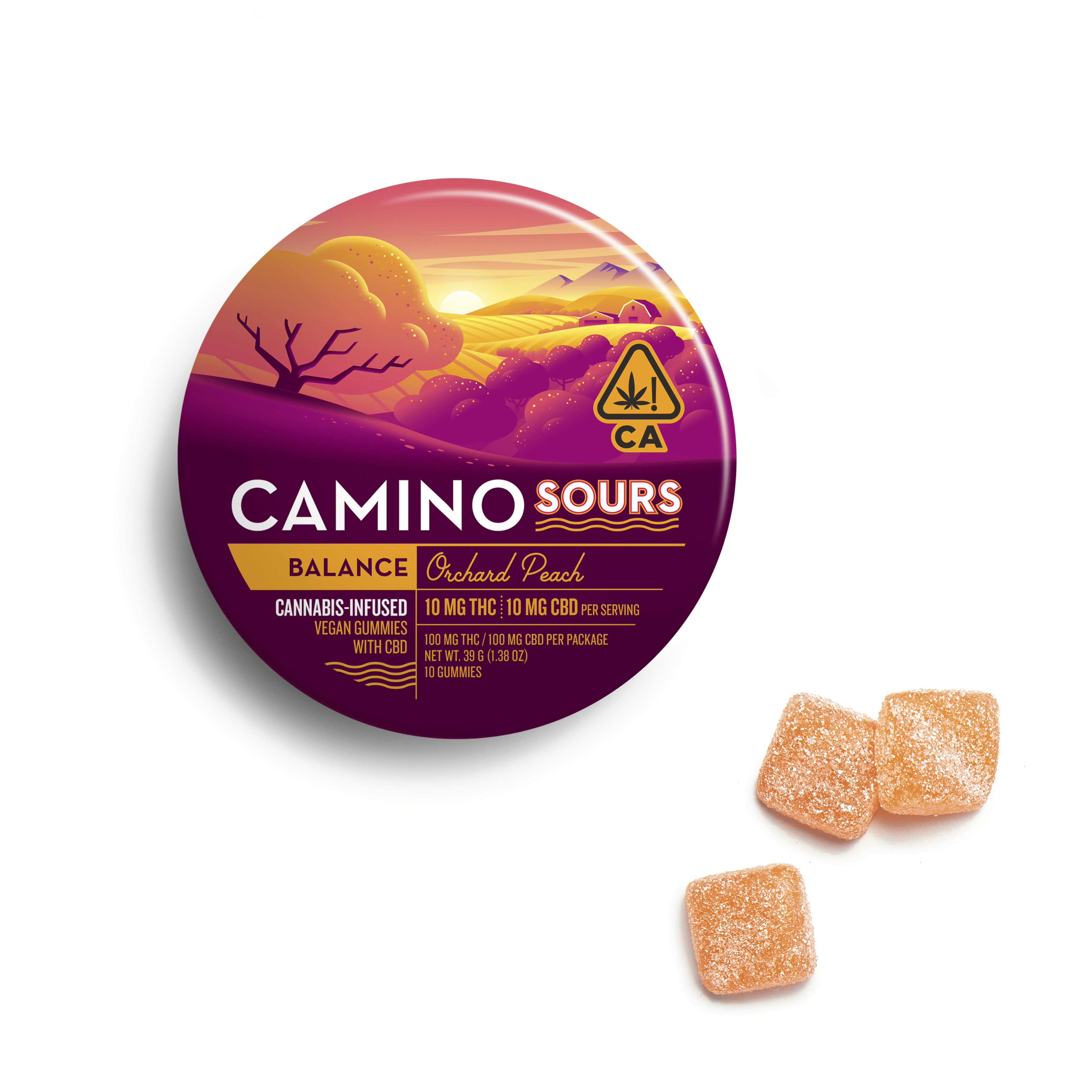 Camino Sours Orchard Peach "Balance" 1:1 Gummies - 100mg THC + 100mg CBD - Camino by Kiva - - $20 - Edibles