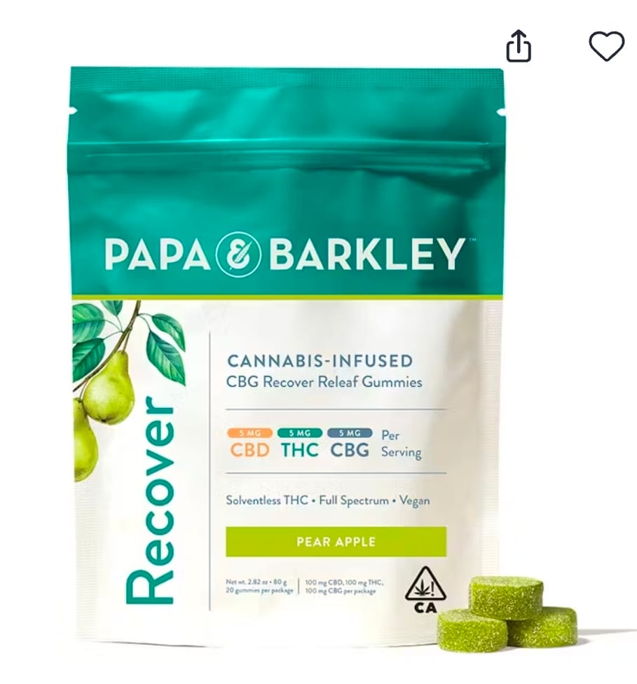 P&B: 100mg CBD/ 100mg THC/ 100mg CBG Gummy Pack: Recover: Pear Apple (20) pieces - Papa Barkley -  - $29.99 - Edibles