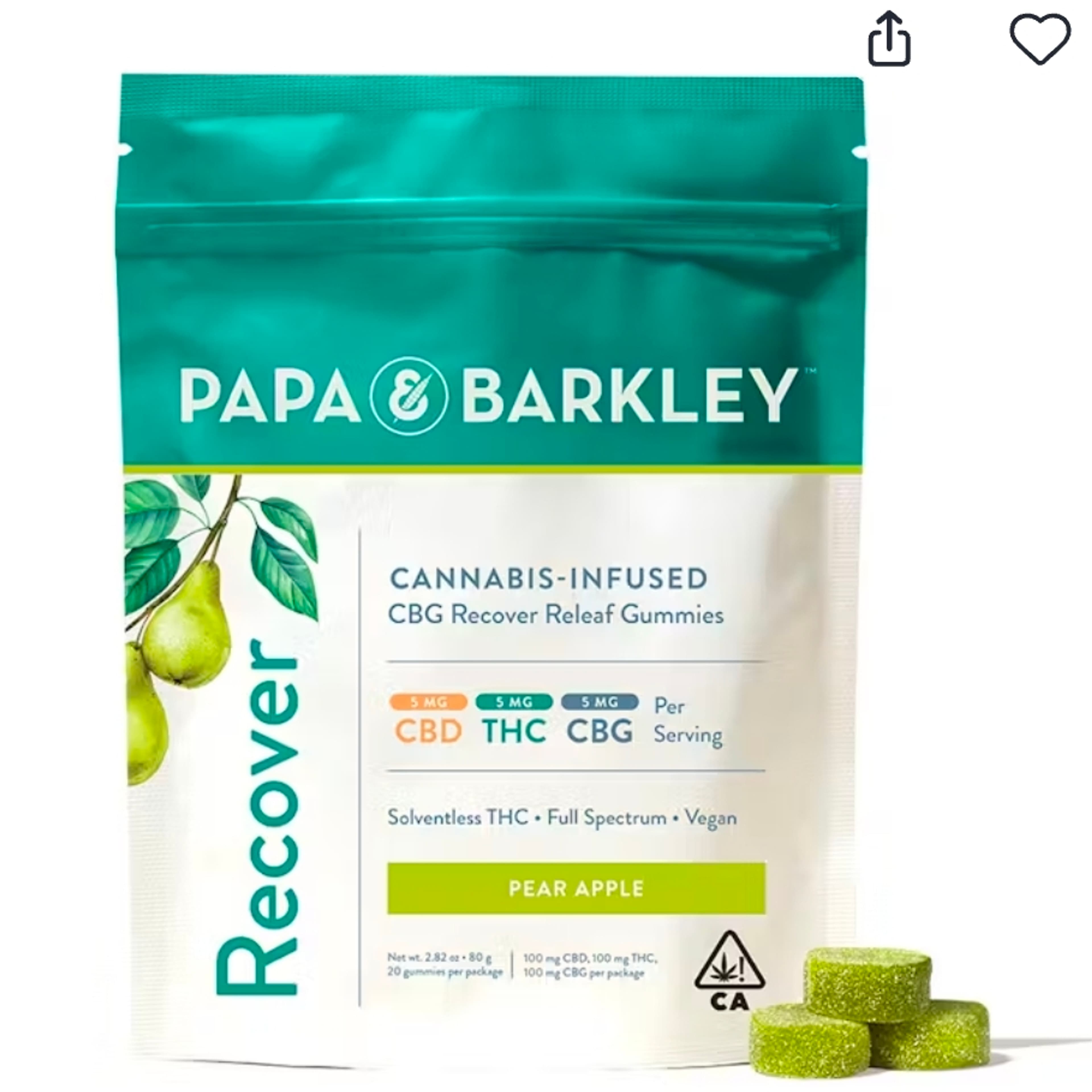 P&B: 100mg CBD/ 100mg THC/ 100mg CBG Gummy Pack: Recover: Pear Apple (20) pieces - Papa Barkley - - $29.99 - Edibles