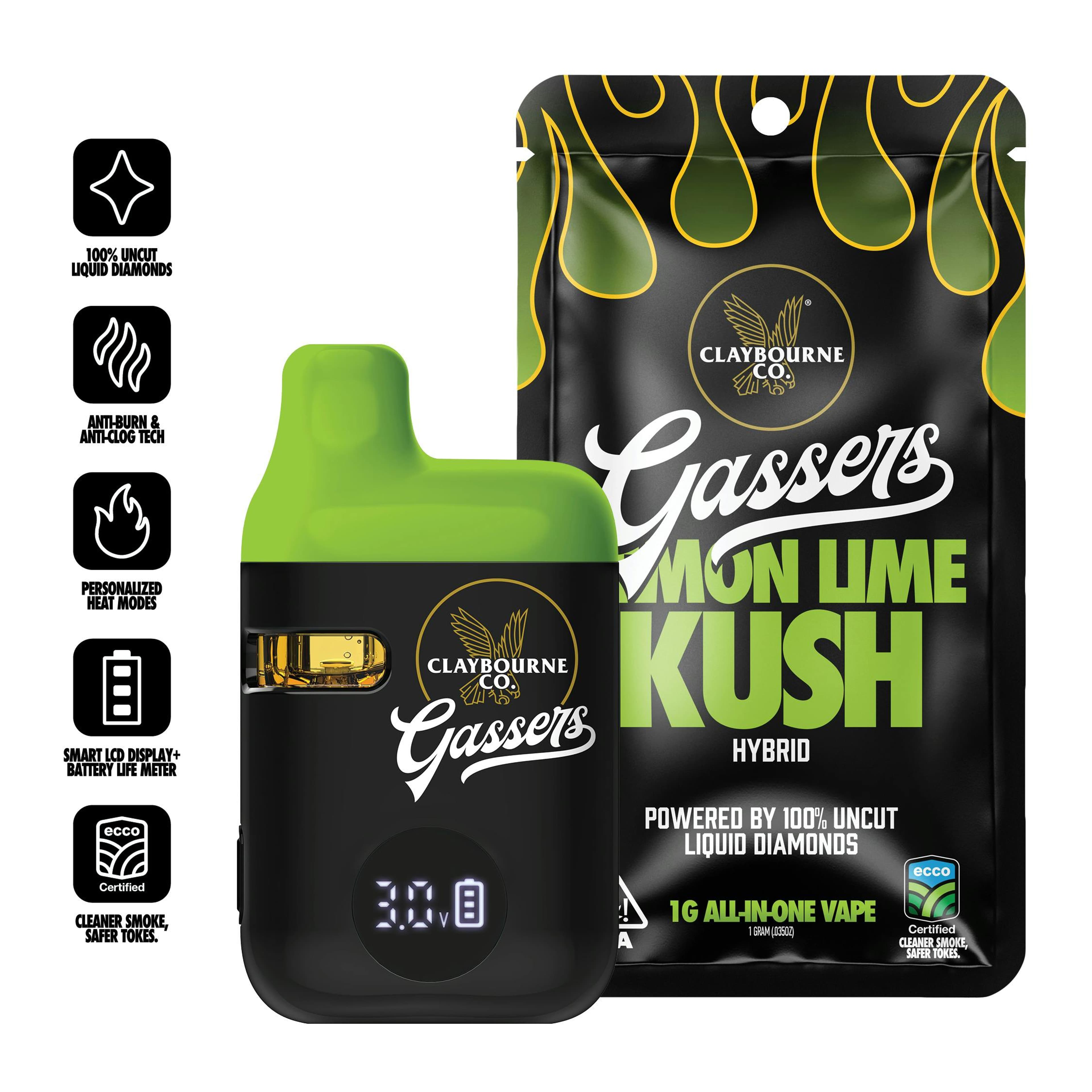 Lemon Lime Kush 1g AIO Gassers Liquid Diamonds Vape - Claybourne Co. - - $40 - Disposable Vapes