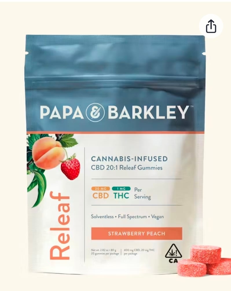 P&B: 400mg CBD/ 20mg THC Gummy Pack: Releaf: Strawberry Peach (20) pieces - Papa Barkley -  - $29.99 - Edibles