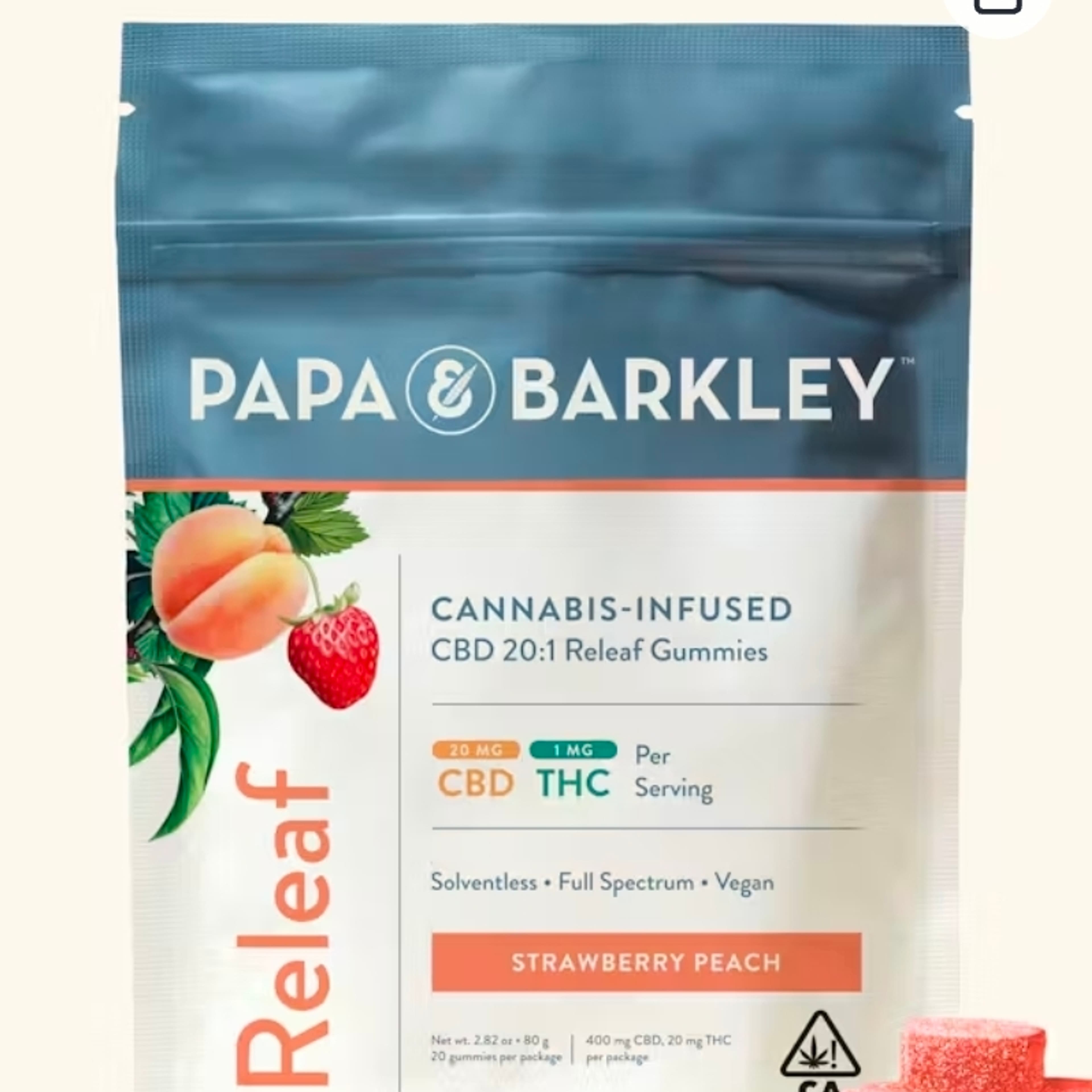 P&B: 400mg CBD/ 20mg THC Gummy Pack: Releaf: Strawberry Peach (20) pieces - Papa Barkley - - $29.99 - Edibles