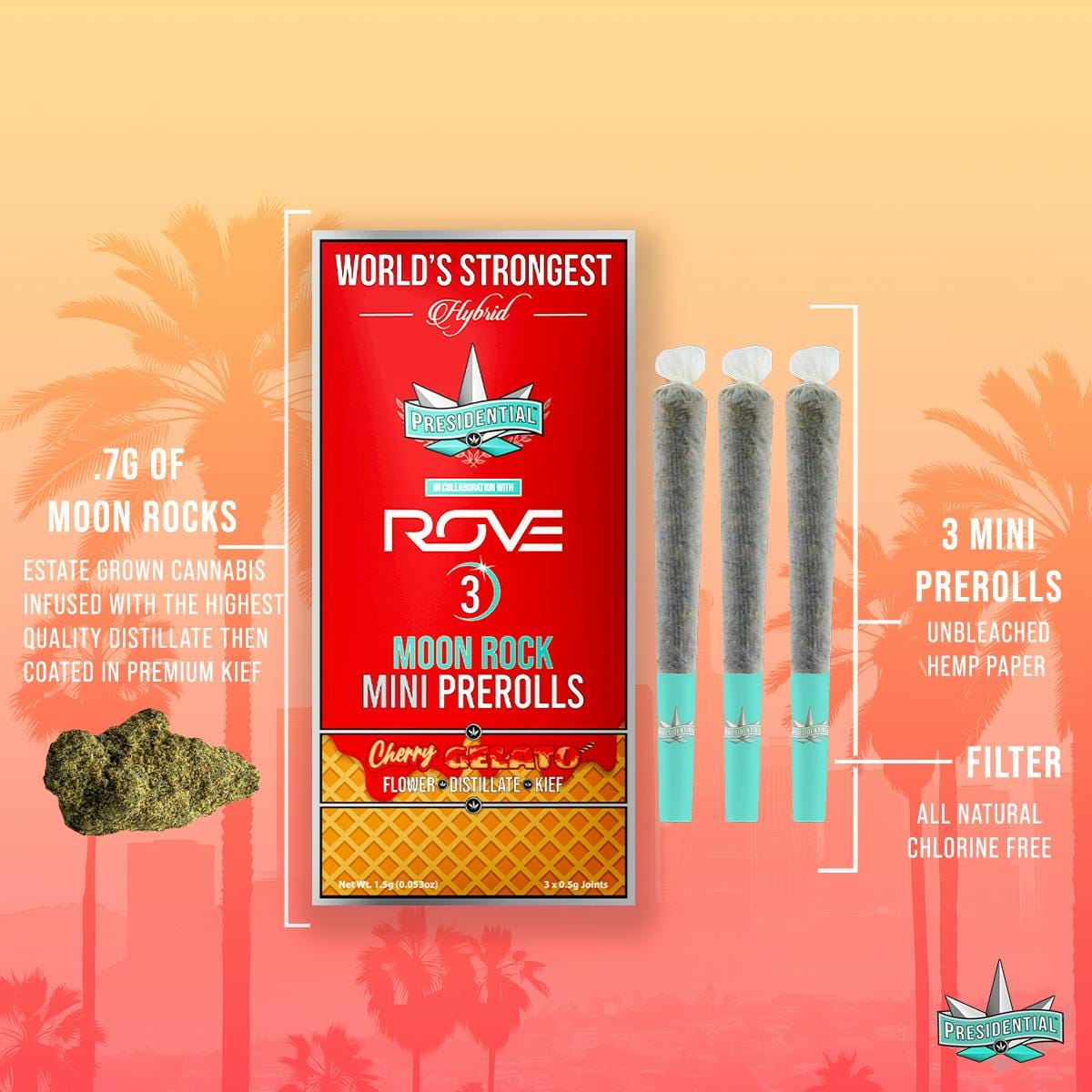 Cherry Gelato (H) Mini Moon Rock Prerolls 3pk - Presidential - Cherry Gelato (H) 3pk Preroll - $18.70 - Pre-Rolls