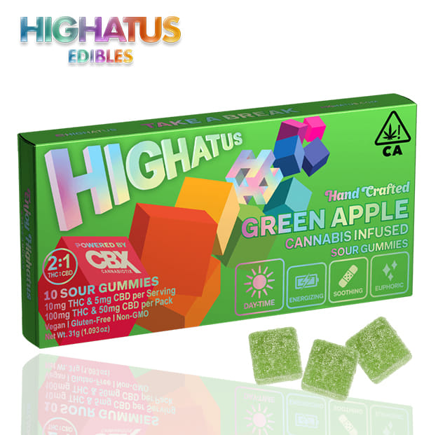 Highatus - Green Apple CBD - Sour Gummies 2:1 - 100mg - Highatus by CBX -  - $14.99 - Edibles