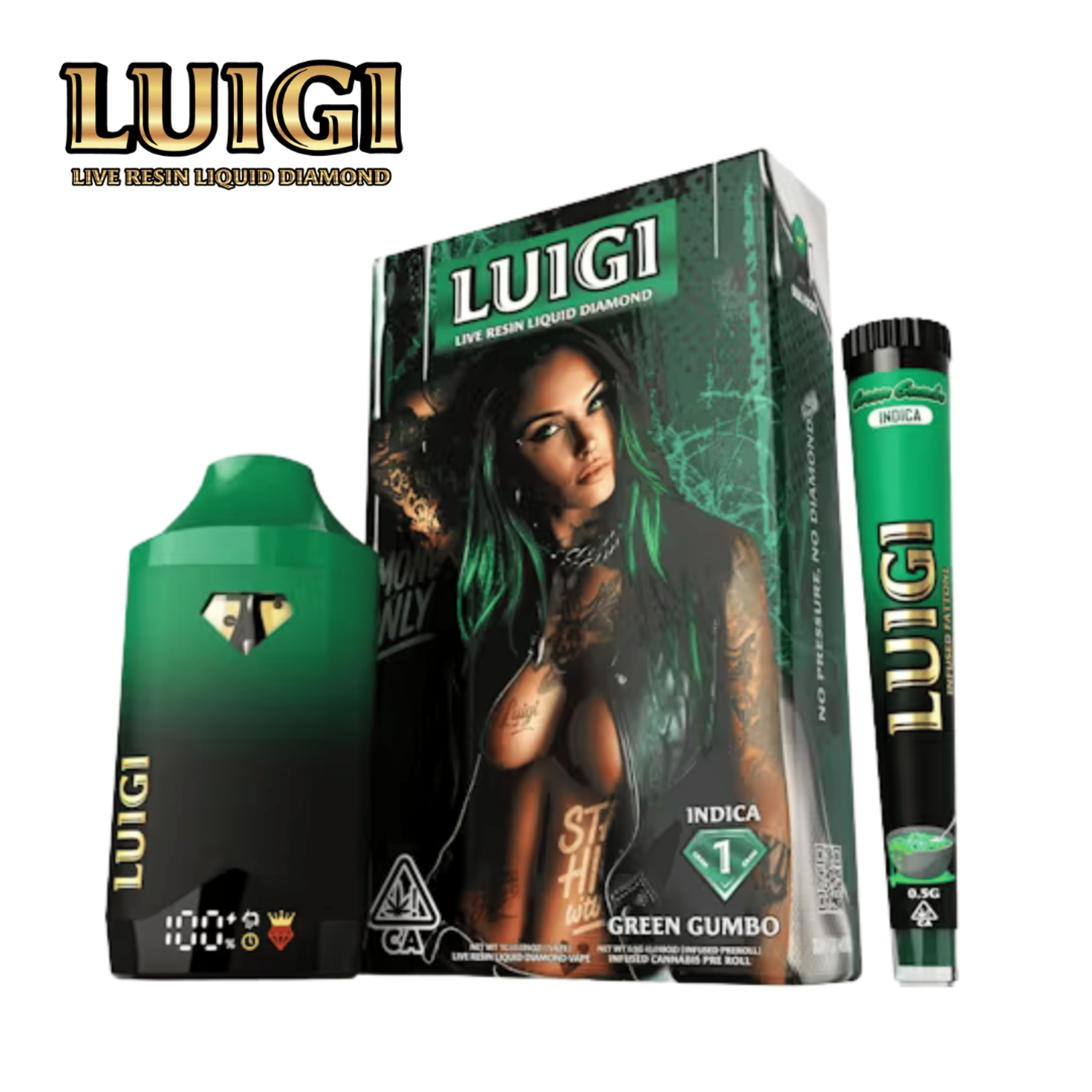 Luigi - Green Gumbo Live Resin Liquid Diamond AIO - 1G + 0.5g Infused Pre-roll (Dual Pack) - Luigi - Green Gumbo - $24.99 - Disposable Vapes