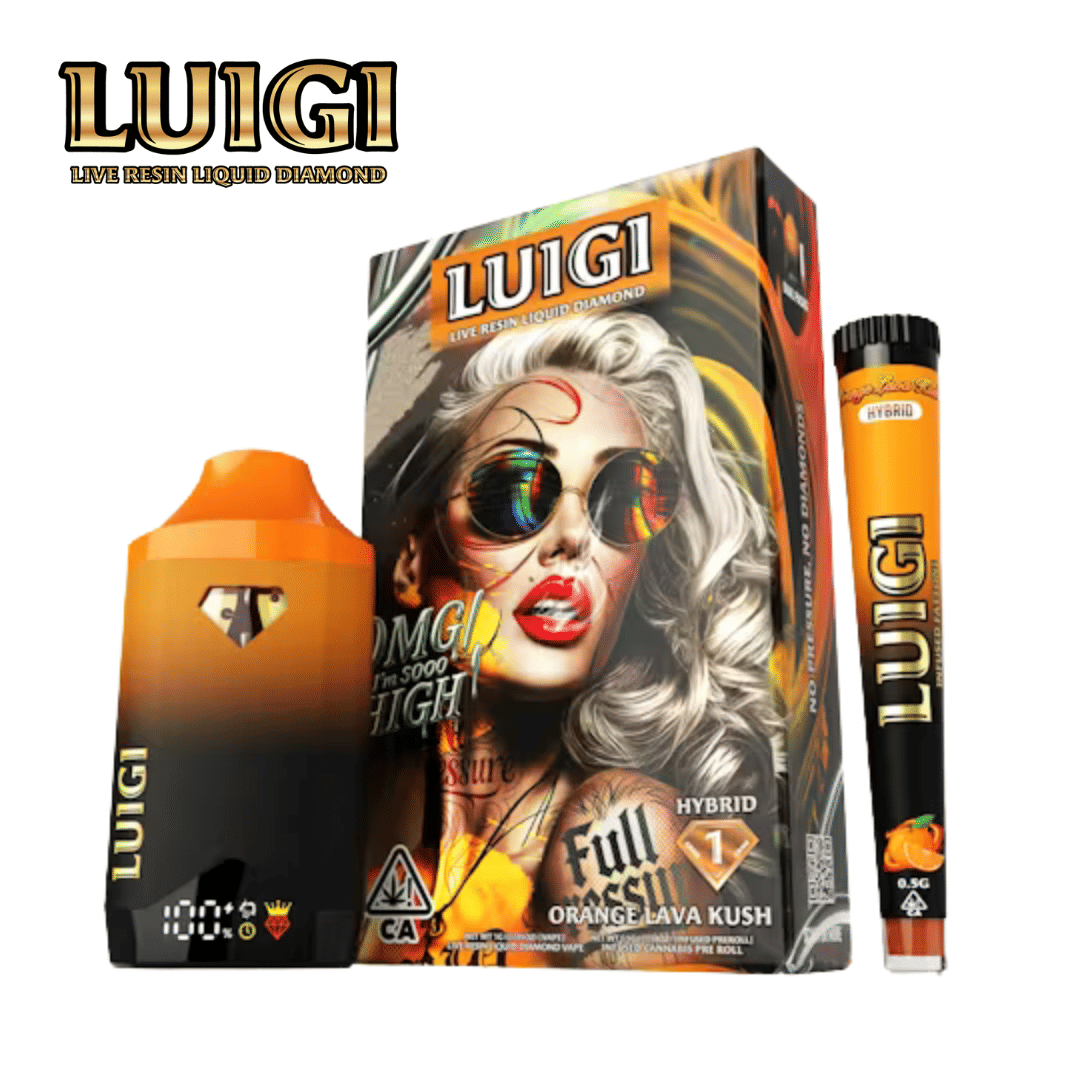 Luigi - Orange Lava Kush Live Resin Liquid Diamond AIO - 1G + 0.5g Infused Pre-roll (Dual Pack) - Luigi - Orange Lava Kush - $24.99 - Disposable Vapes