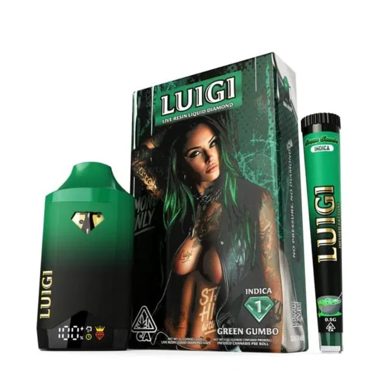 Luigi - Green Gumbo - Live Resin Liquid Diamond AIO - 1G + 0.5g Infused Pre-roll (Dual Pack) - Luigi - AIO + .5g PR - $19.99 - Disposable Vape Pens (All In One)