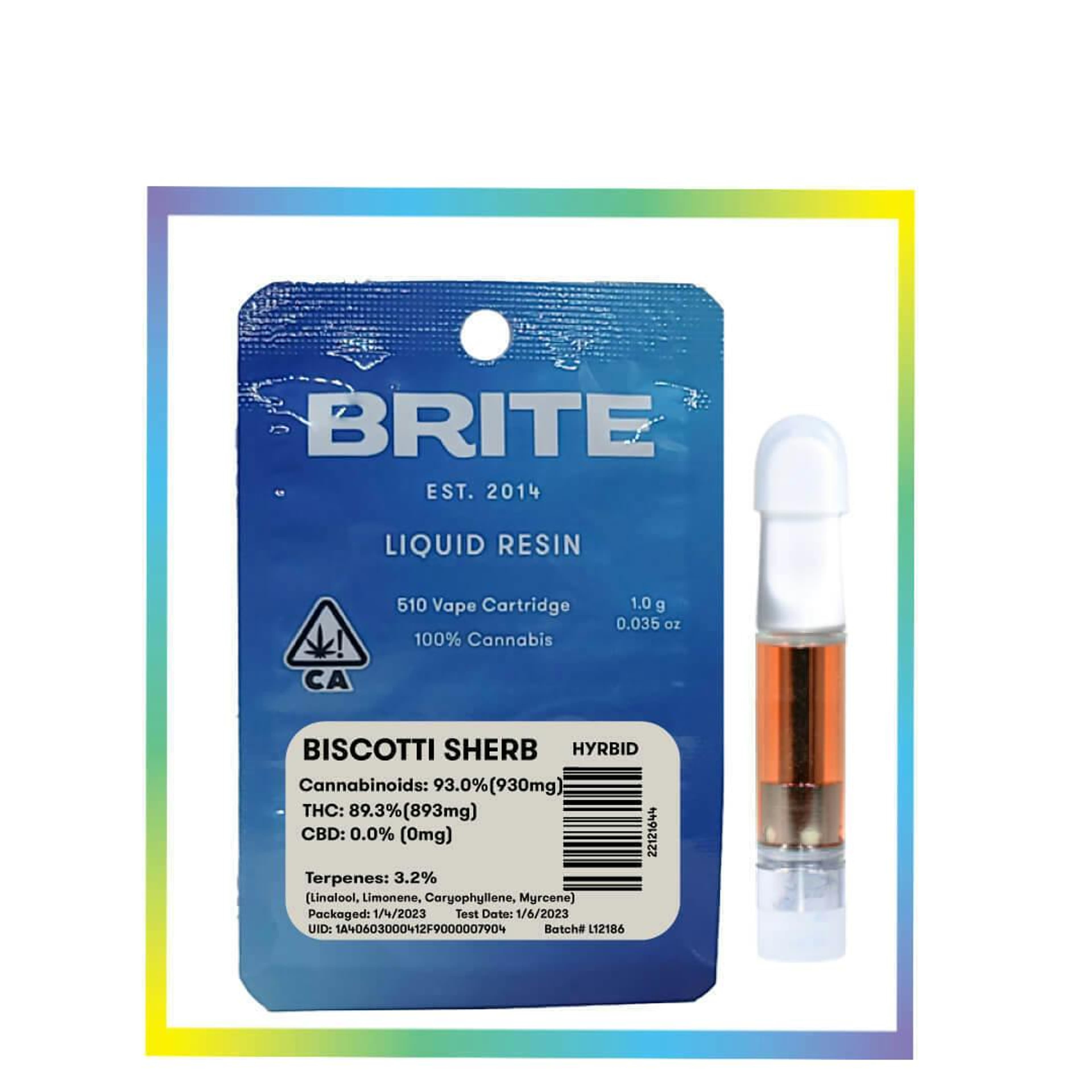 Biscotti Sherb - Liquid Resin - Cart - Brite Labs - 1g (Single) - $24.99 - Vape Cartridges (Universal 510 Battery Required)