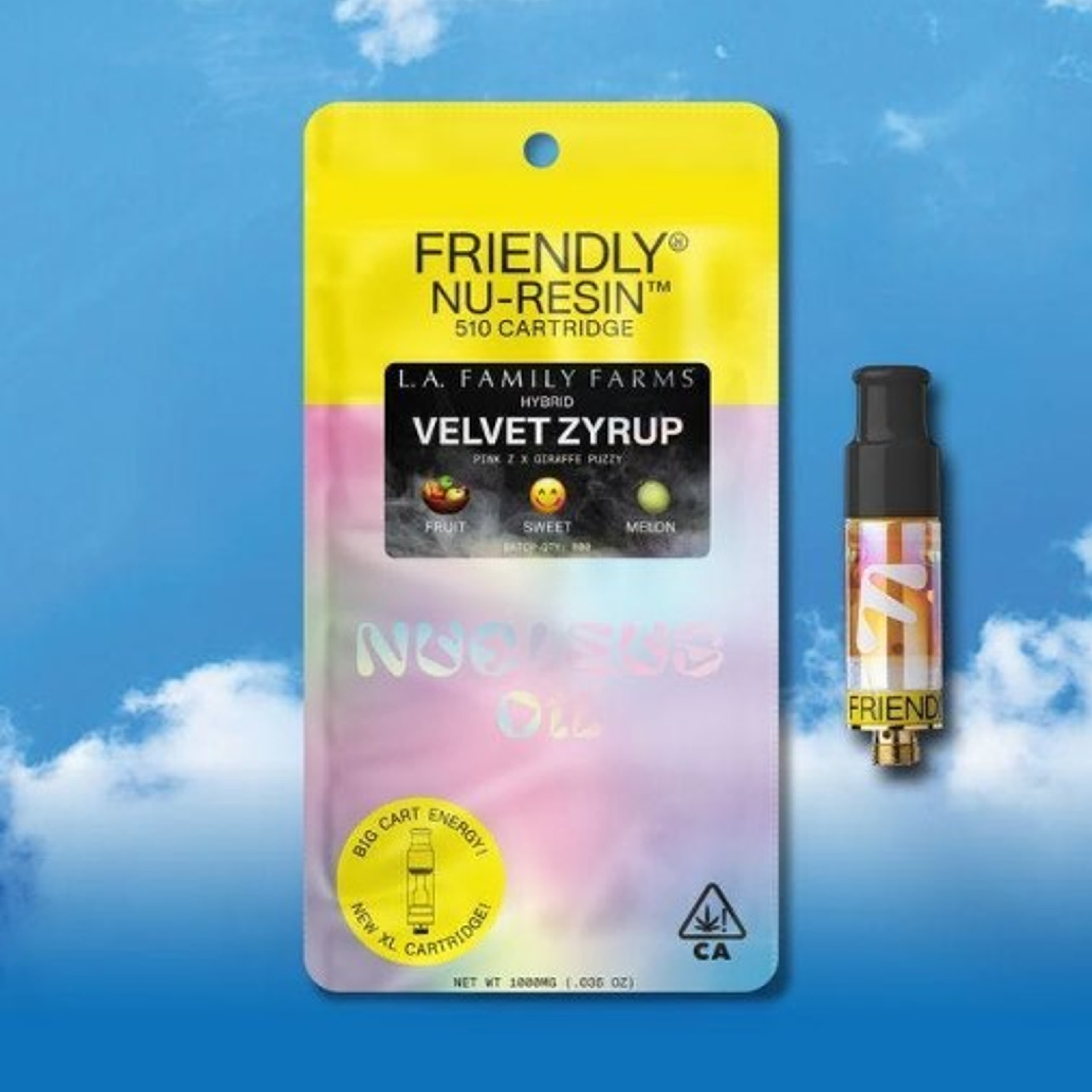 Friendly x L.A. Family Farms - Velvet Zyrup - Nucleus Nu-Resin Cart - 1g - Friendly - - $39.99 - 510 Cured/Live/Rosin Cartridges