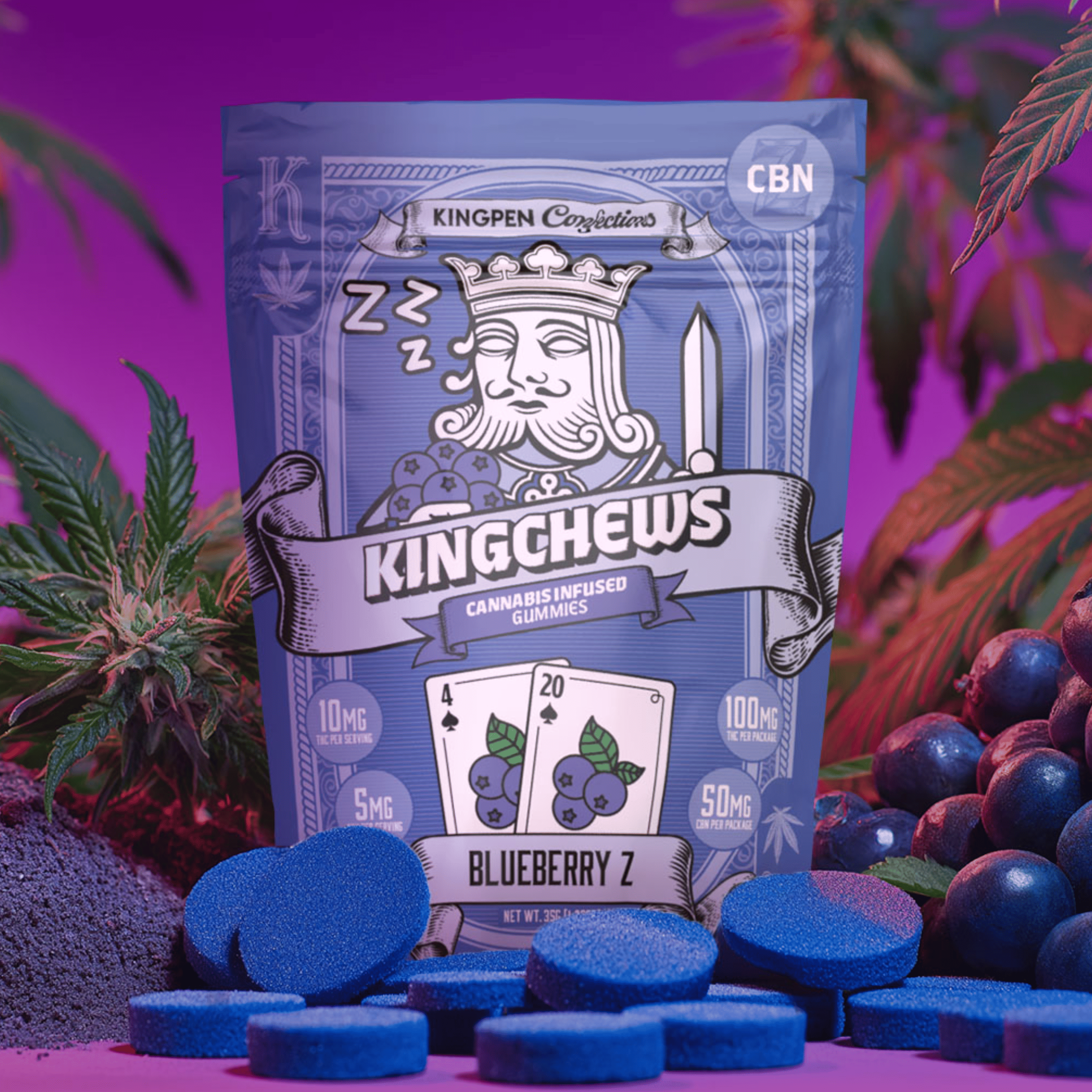 Kingchews | Blueberry Z CBN Gummies CBN - 50mg | THC - 100mg - KINGPEN -  - $14 - Edibles