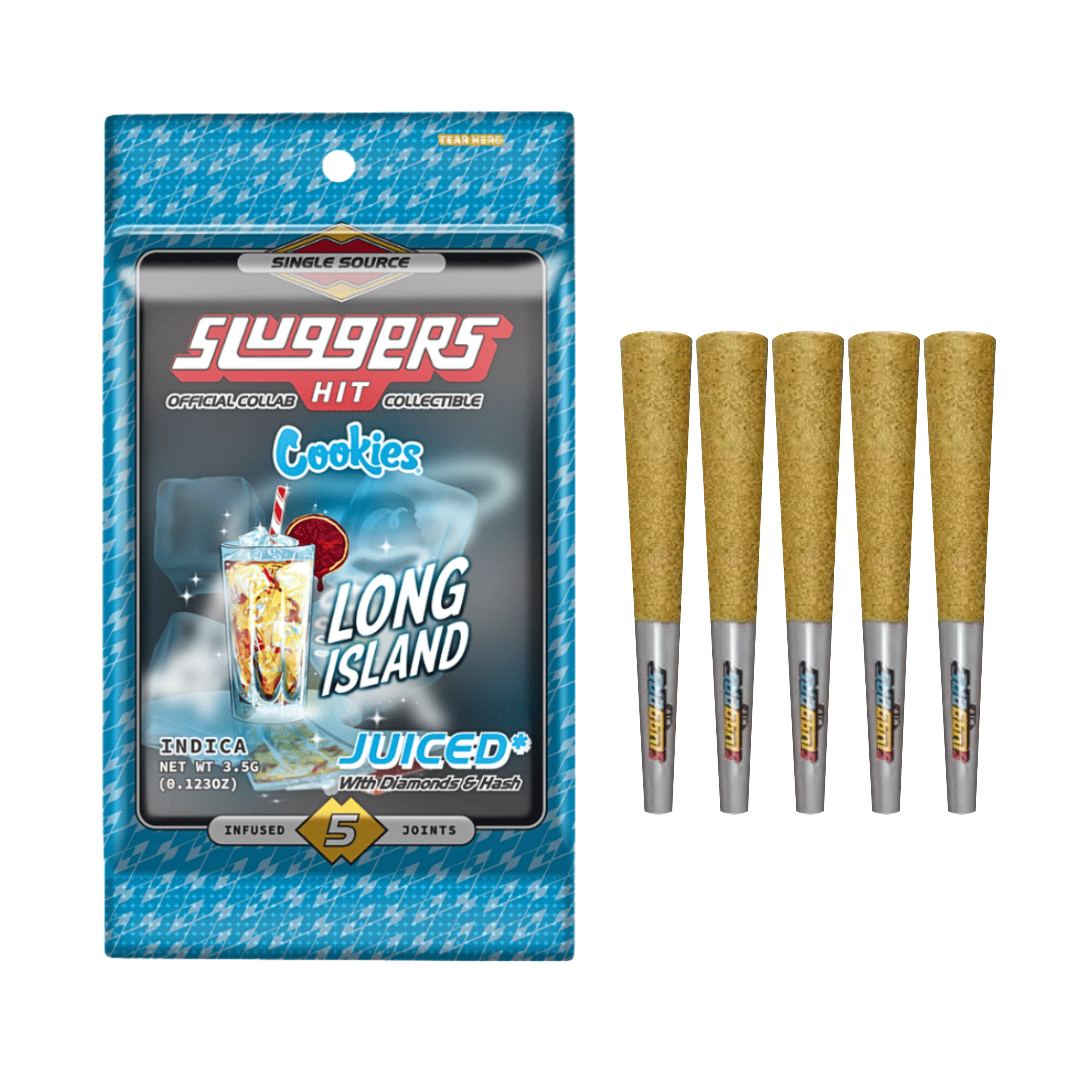 Long Island (Sluggers x Cookies) Diamond & Hash Infused Pre-Roll 5 Pack - 3.5g - Sluggers Hit - - $38 - Infused Pre-Rolls
