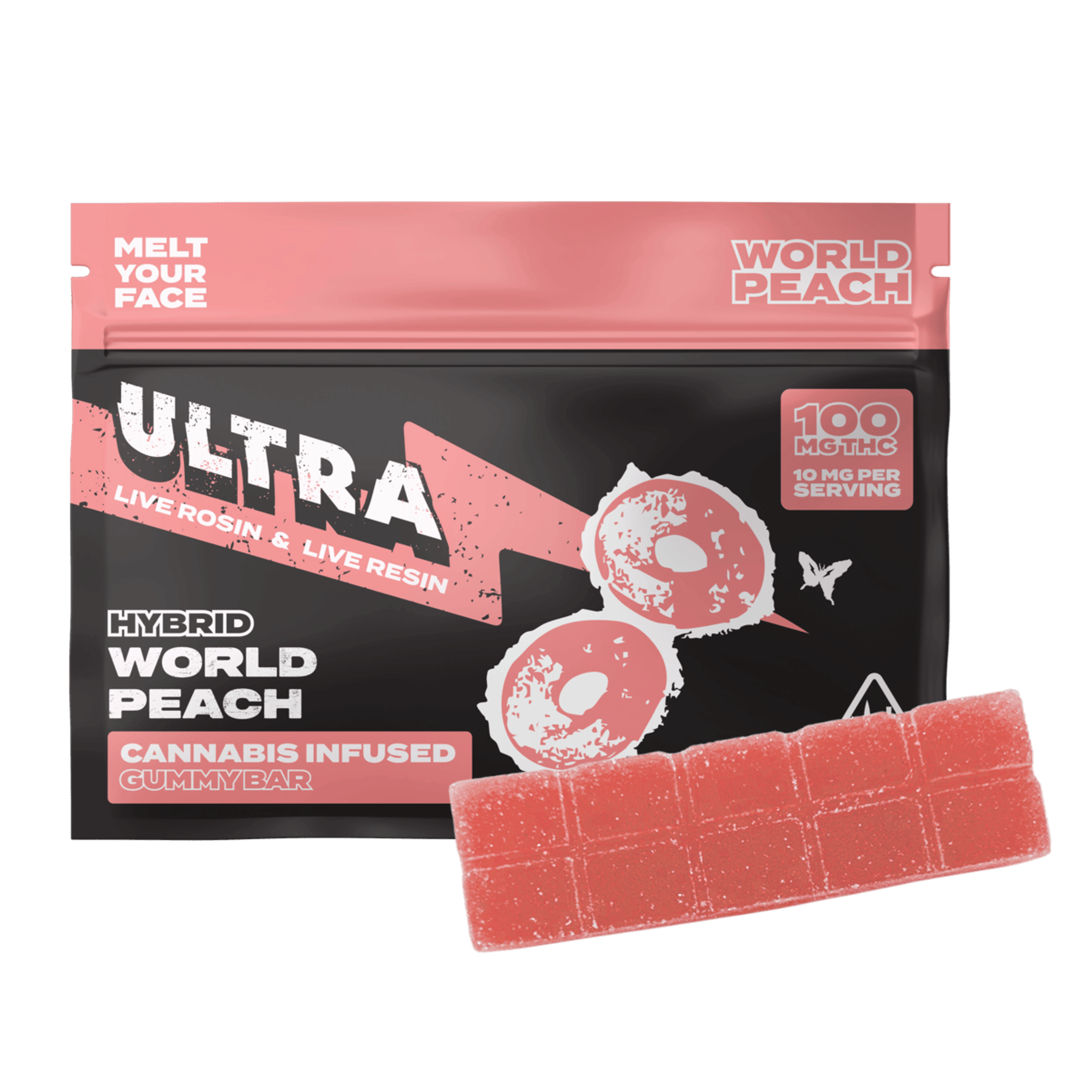 Ultra: World Peach - 100mg Live Rosin/Live Resin Infused Gummy Bar - Ultra - - $14 - Edibles