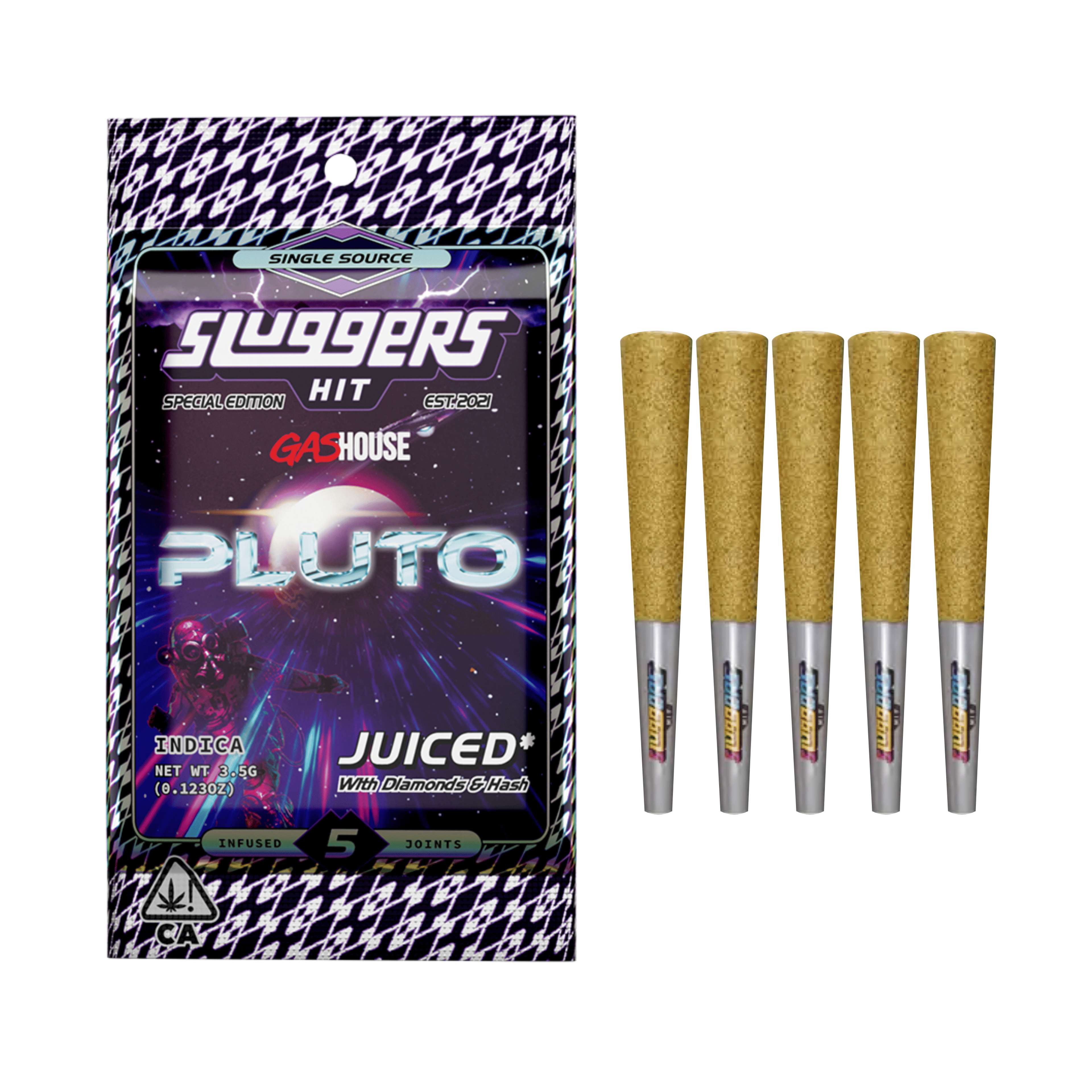 PLUTO (Sluggers x Gas House) Diamond & Hash Infused Pre Roll 5 Pack - 3.5g - Sluggers Hit - - $38 - Infused Pre-Rolls