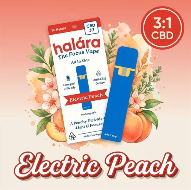 ELECTRIC PEACH HIGH CBD ALL-IN-ONE DISPOSABLE VAPE | 3:1 CBD:THC | HALARA