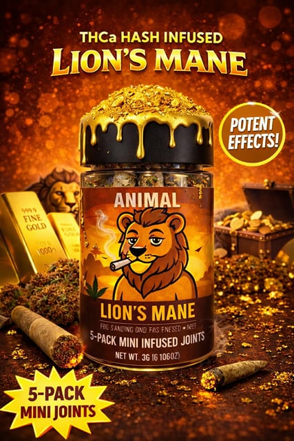 Lion's Mane - HASH Infused THCa Diamond + Kief 5pk (3G) Mini Joints