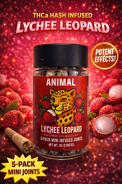 Lychee Leopard - HASH Infused THCa Diamond + Kief 5pk (3G) Mini Joints