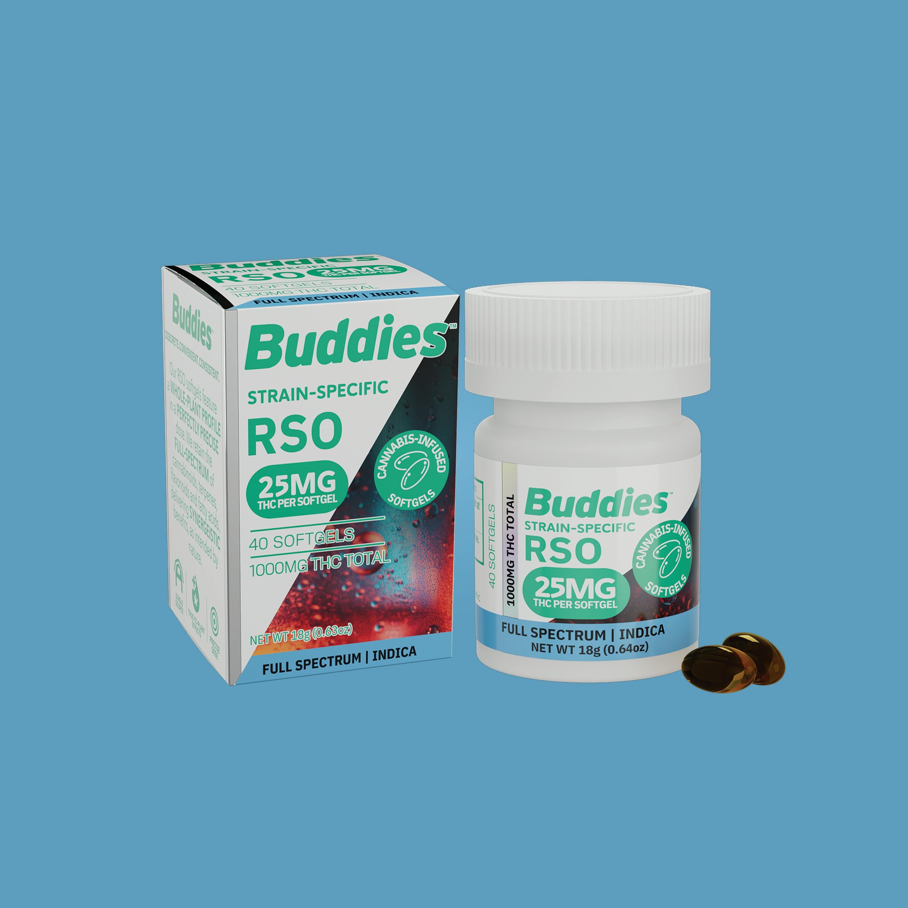 Buddies: Indica RSO - (25mg) Softgel Capsules - 40 Count (1000mg Total)