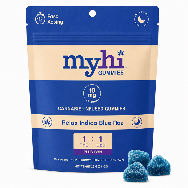 Indica Blue Raz Gummies 100mg | 1:1 THC/CBD (10pk)