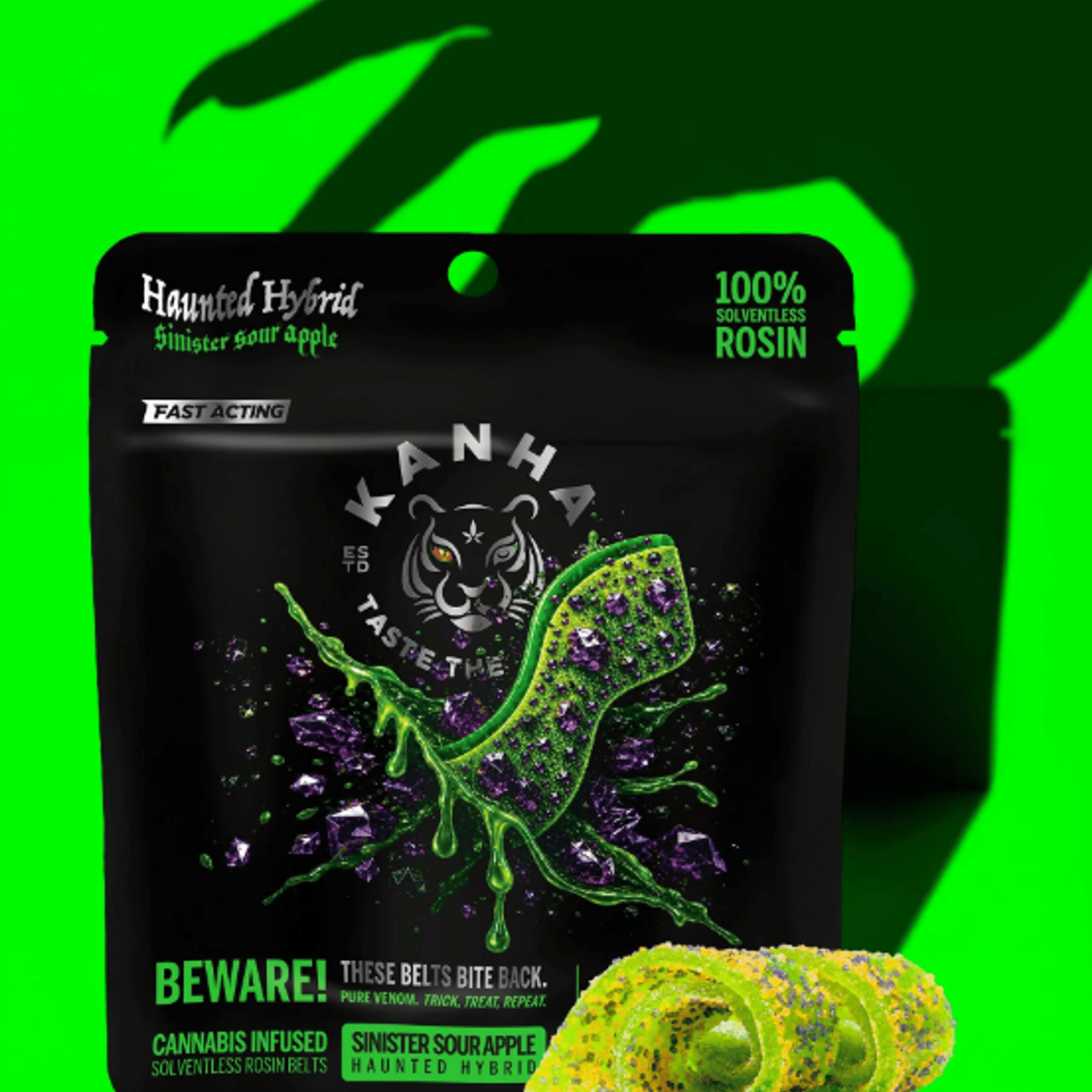 KANHA - Sinister Sour Apple - Solventless Live Rosin Crunchy Belts (4pk) - 100mg - KANHA - SSA - Belt 4pk - 100mg - $19.99 - Edibles